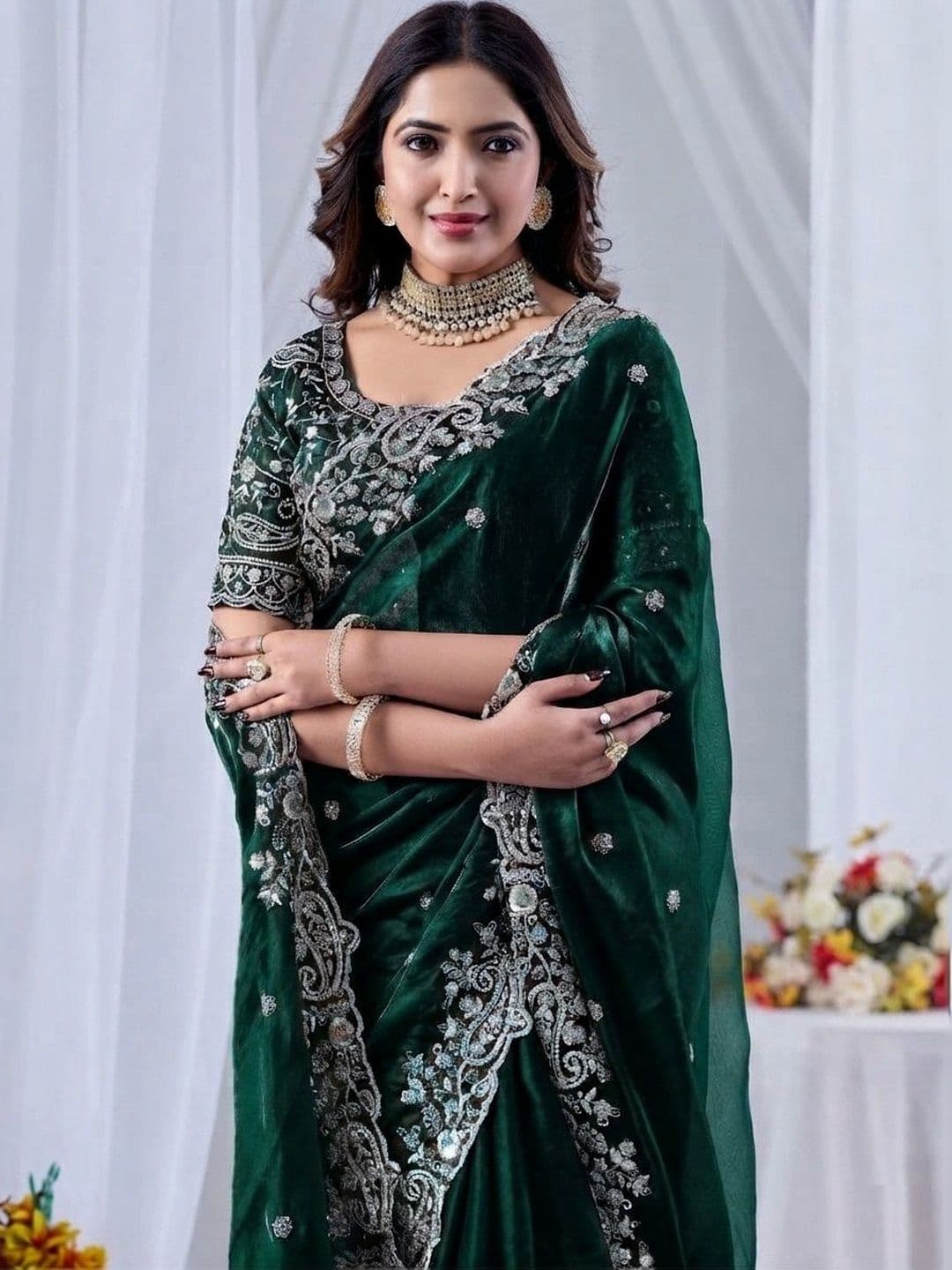 CLEMIRA Floral Embroidered Satin Heavy Work Saree thumbnail 2