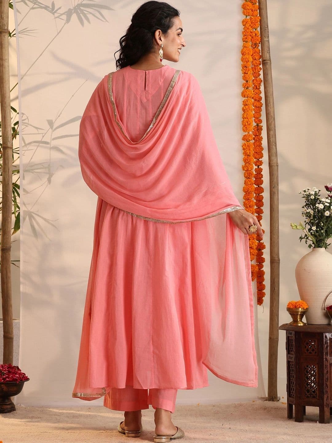 Khushal K Women Floral Embroidered Empire Thread Work Pure Cotton Kurta with Palazzos & With Dupatta thumbnail 5