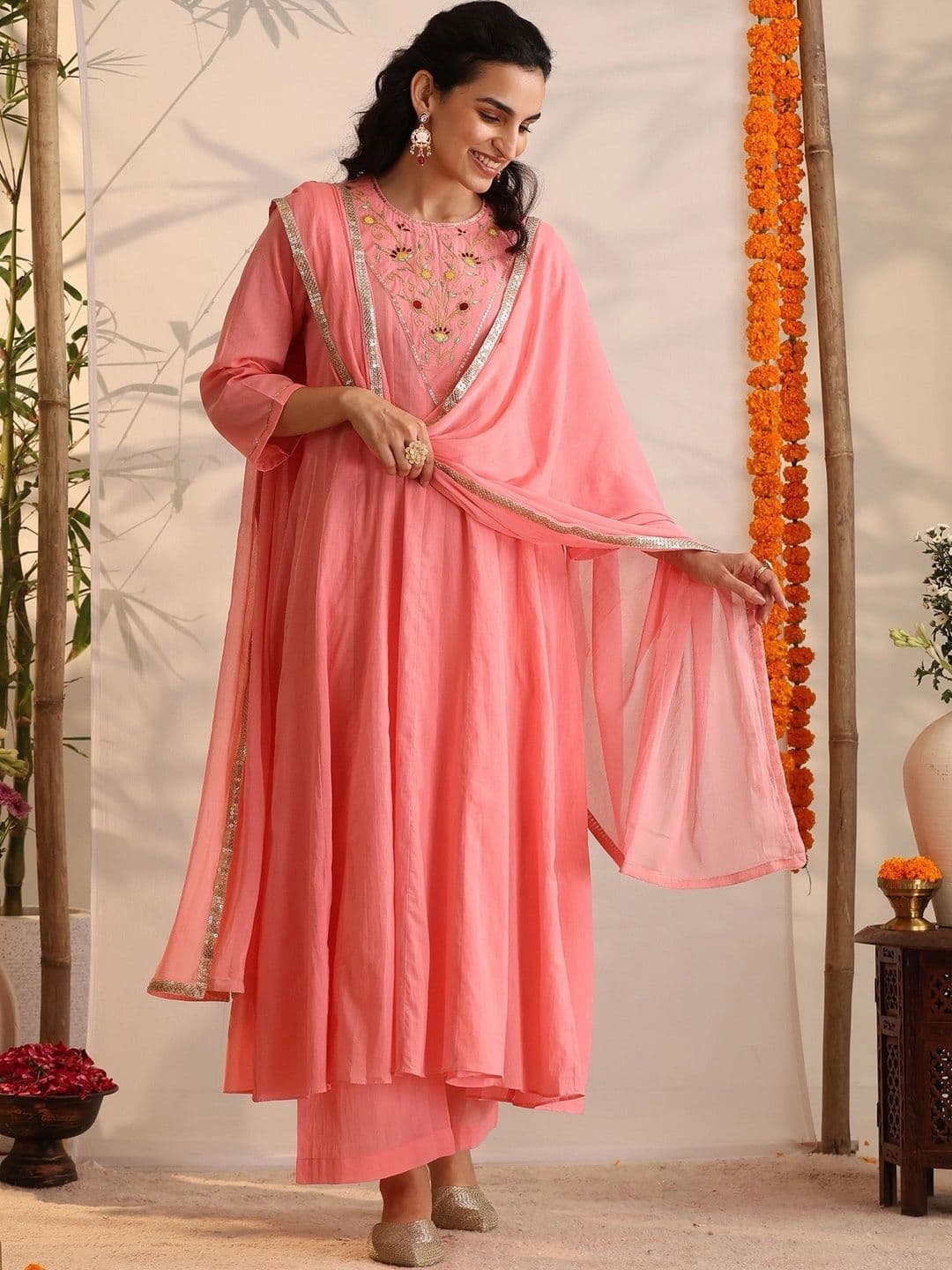 Khushal K Women Floral Embroidered Empire Thread Work Pure Cotton Kurta with Palazzos & With Dupatta - view 1