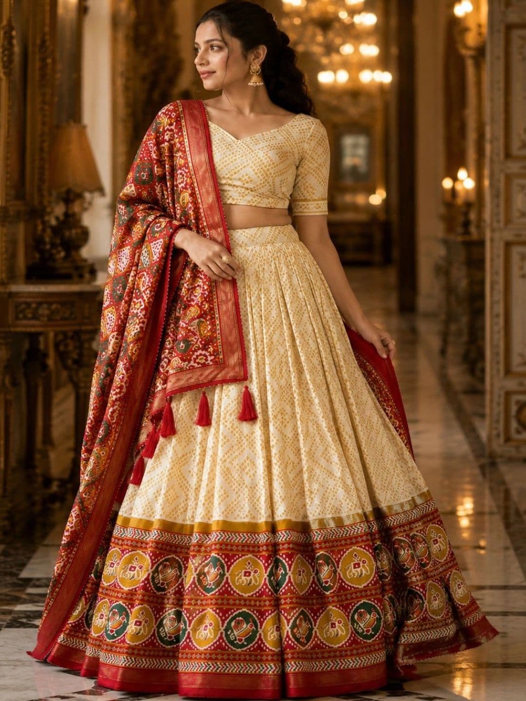 House of Pataudi Printed Ikat Semi-Stitched Lehenga & Unstitched Blouse With Dupatta thumbnail 2