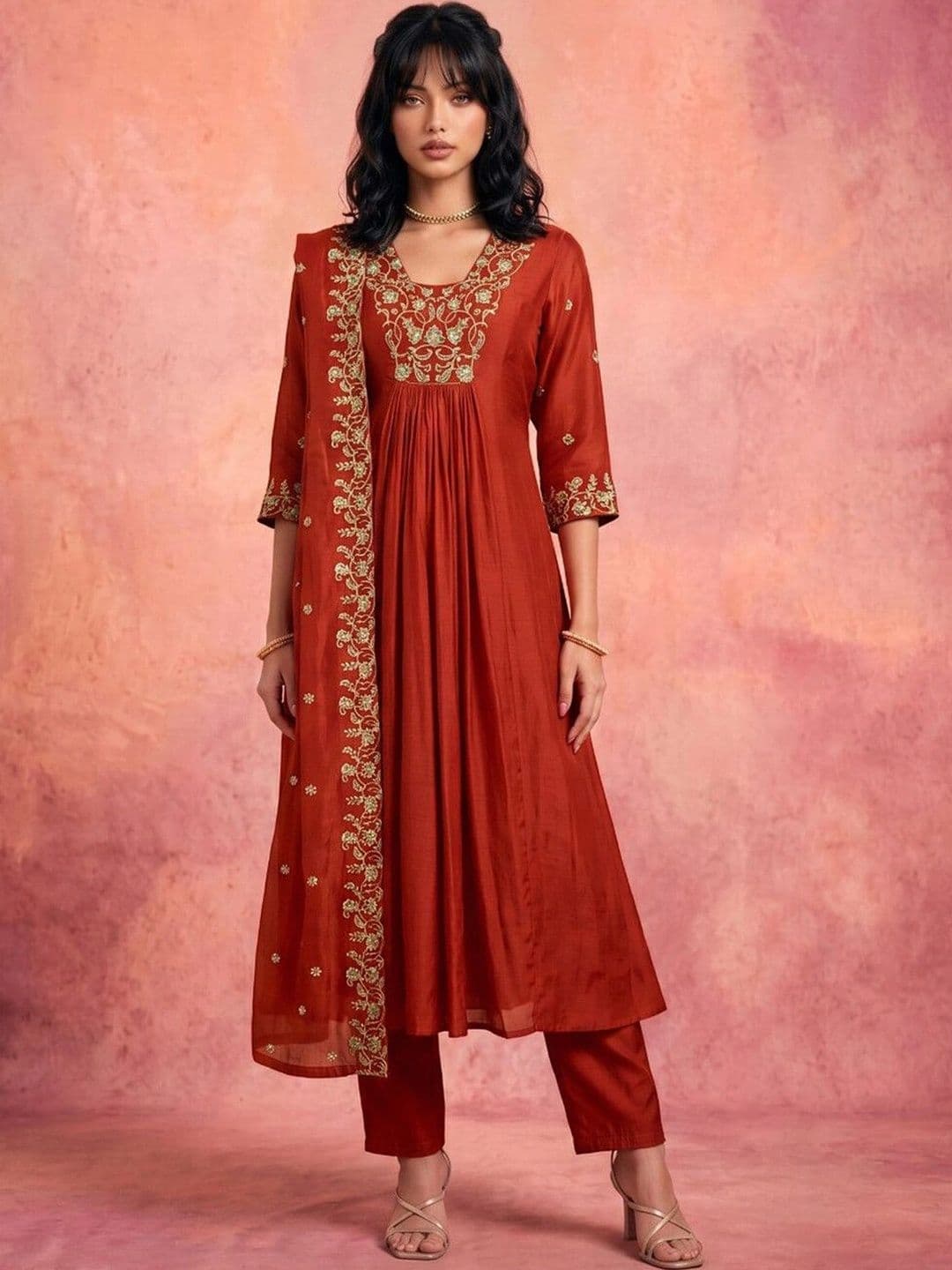 DRIP CHOWK Women Floral Embroidered Empire Thread Work Kurta with Trousers & With Dupatta thumbnail 3