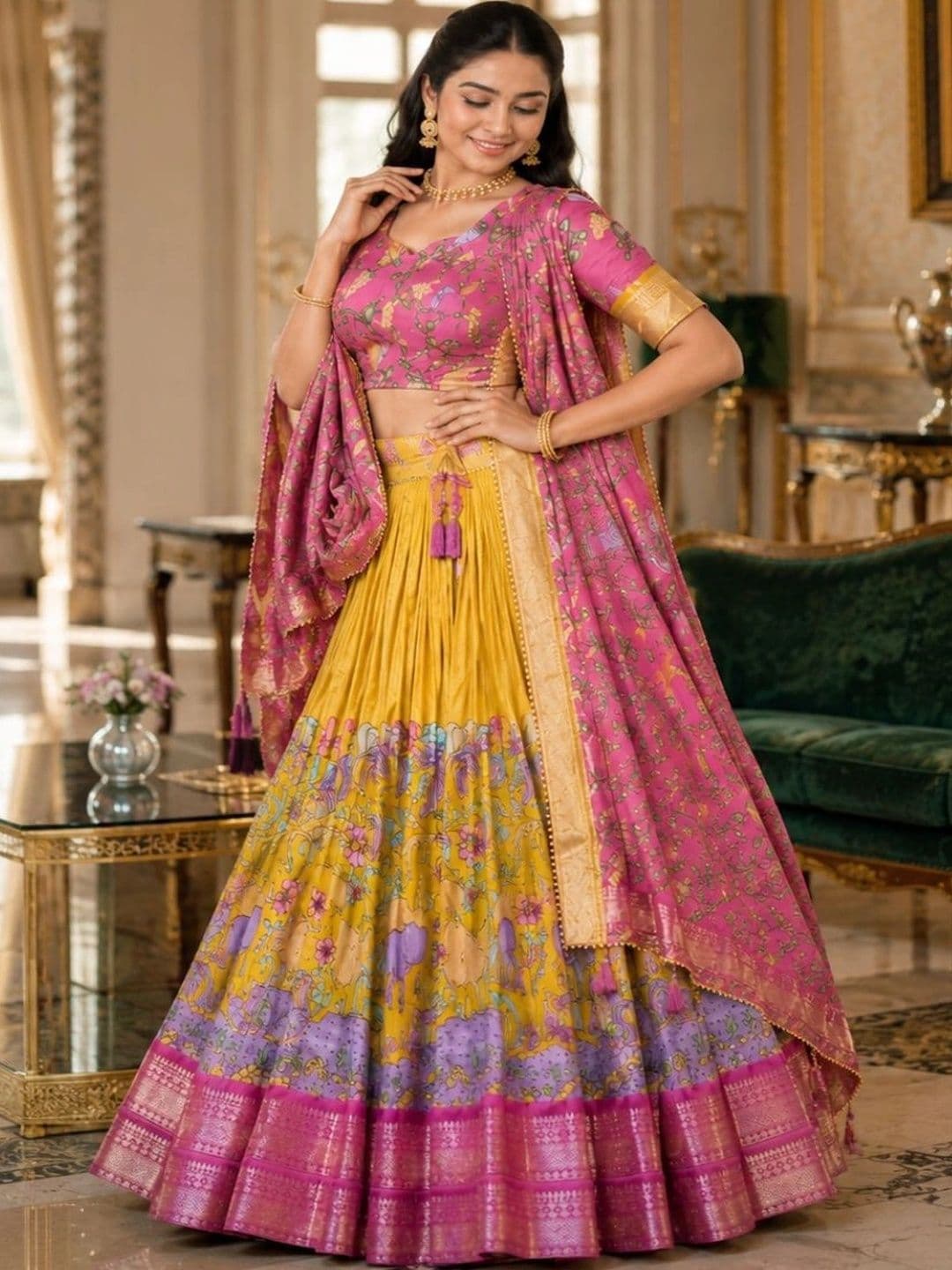 House of Pataudi Printed Semi-Stitched Lehenga & Unstitched Blouse With Dupatta thumbnail 3