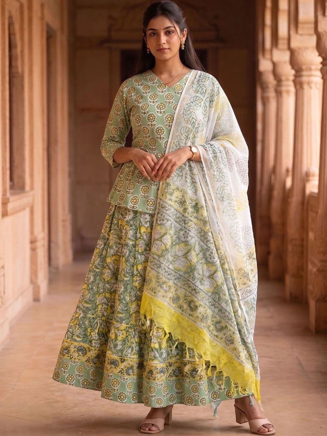 Avishya Printed Block Print Ready to Wear Lehenga & Blouse With Dupatta - view 1
