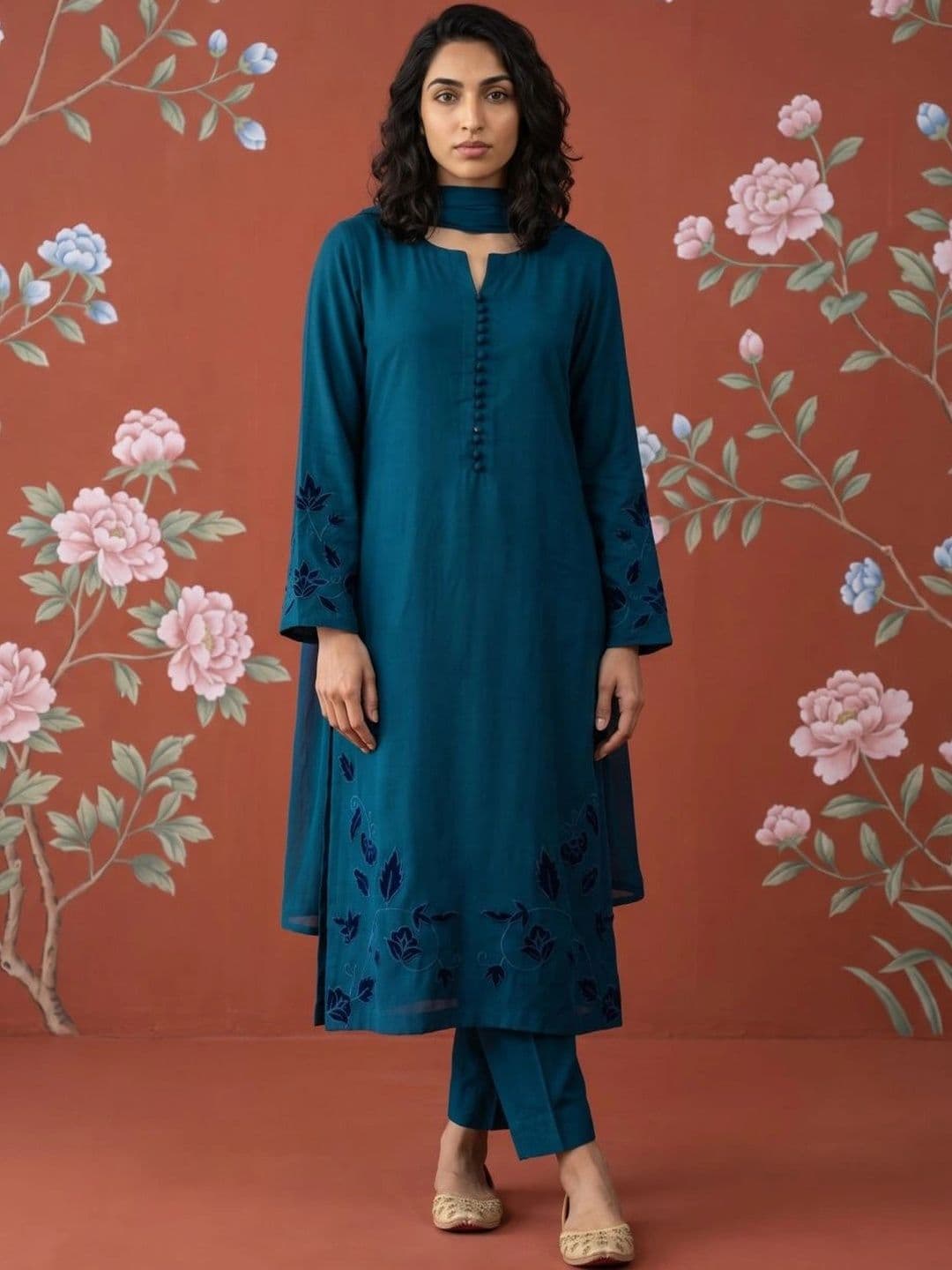 Sangria Women Floral Embroidered Regular Thread Work Kurta with Trousers & With Dupatta - view 1