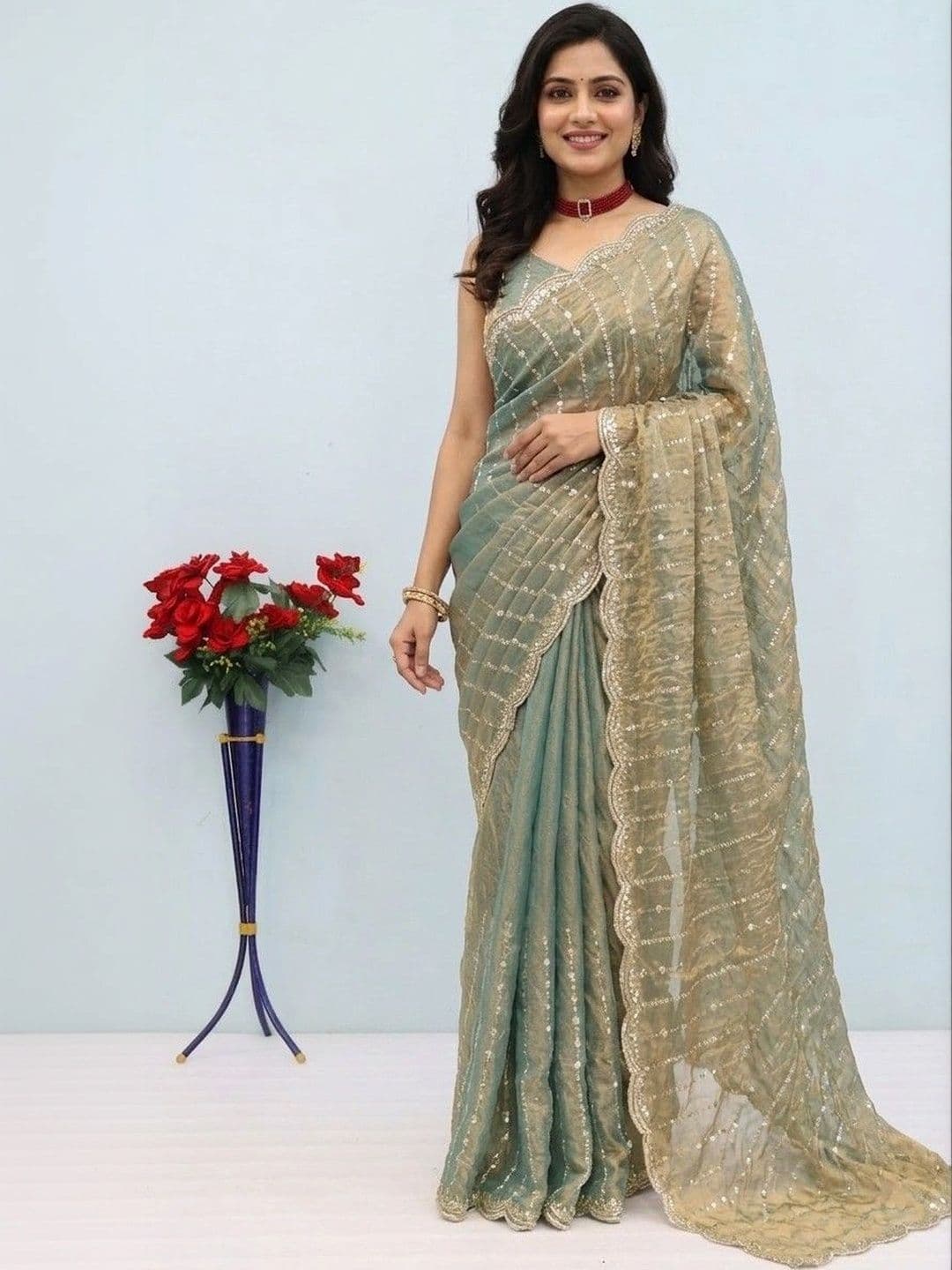 SmileyFashion Striped Sequinned Poly Chiffon Designer Saree - view 1
