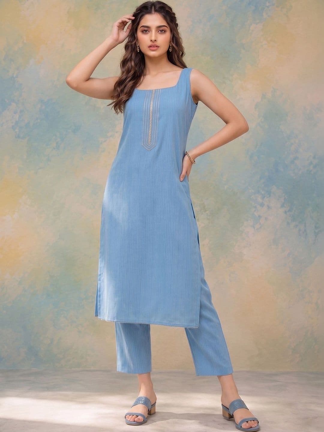 AADVIKA Scoop Neck Straight Kurta With Trousers & Dupatta thumbnail 5