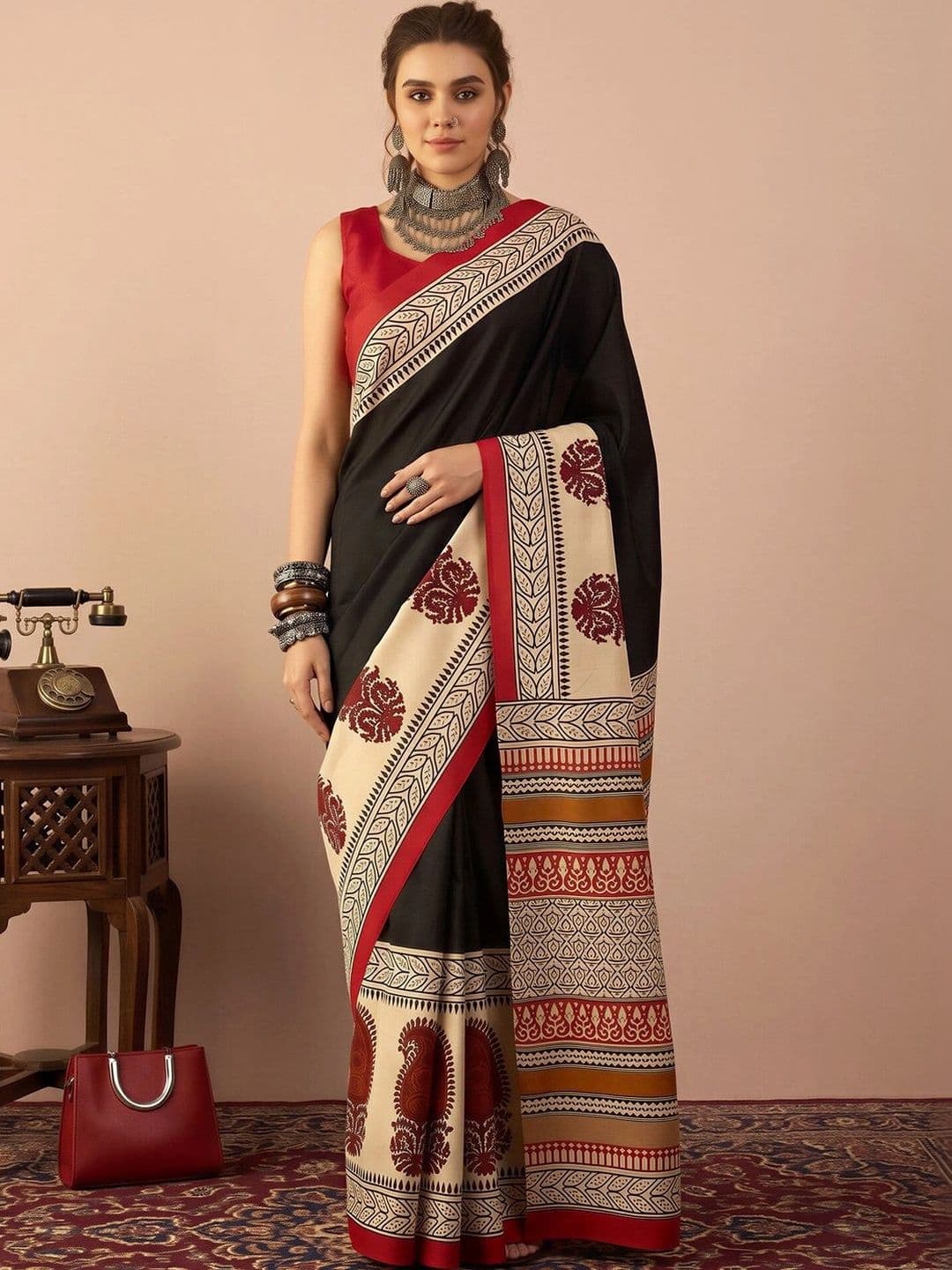 Anouk Ethnic Motifs Silk Blend Designer Block Print Saree - view 1