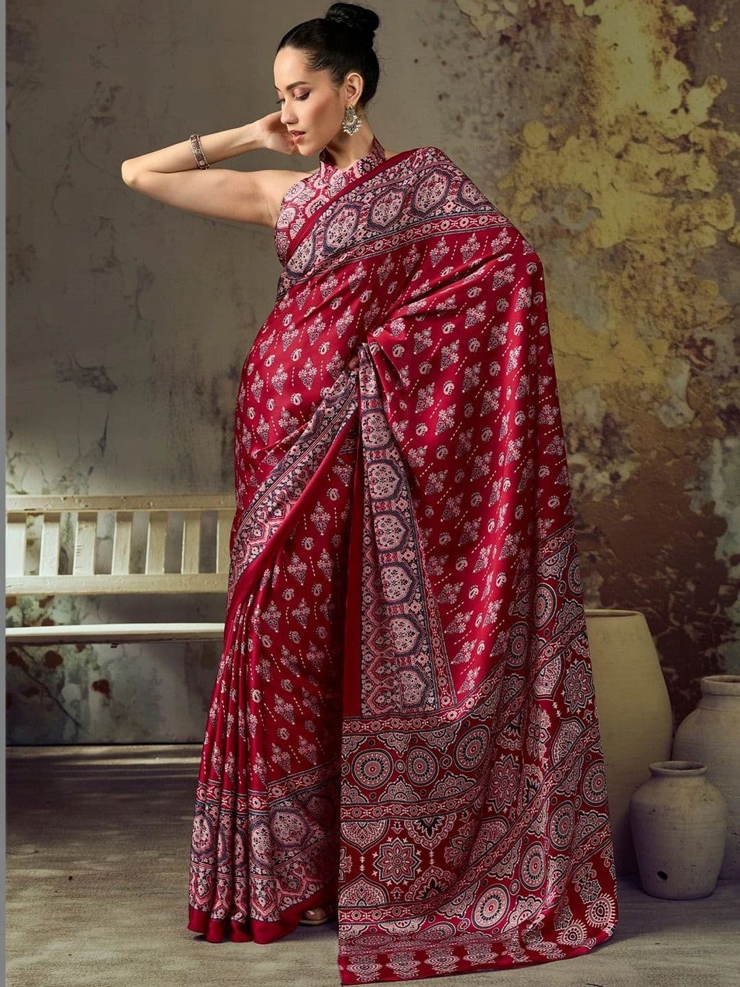Sangria Paisley Satin Designer Block Print Saree - view 1