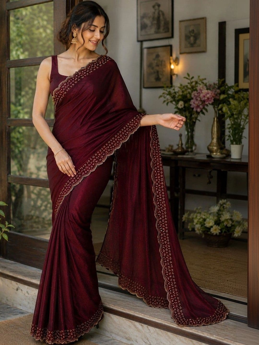 shreevali creation Embellished Embroidered Satin Saree thumbnail 5