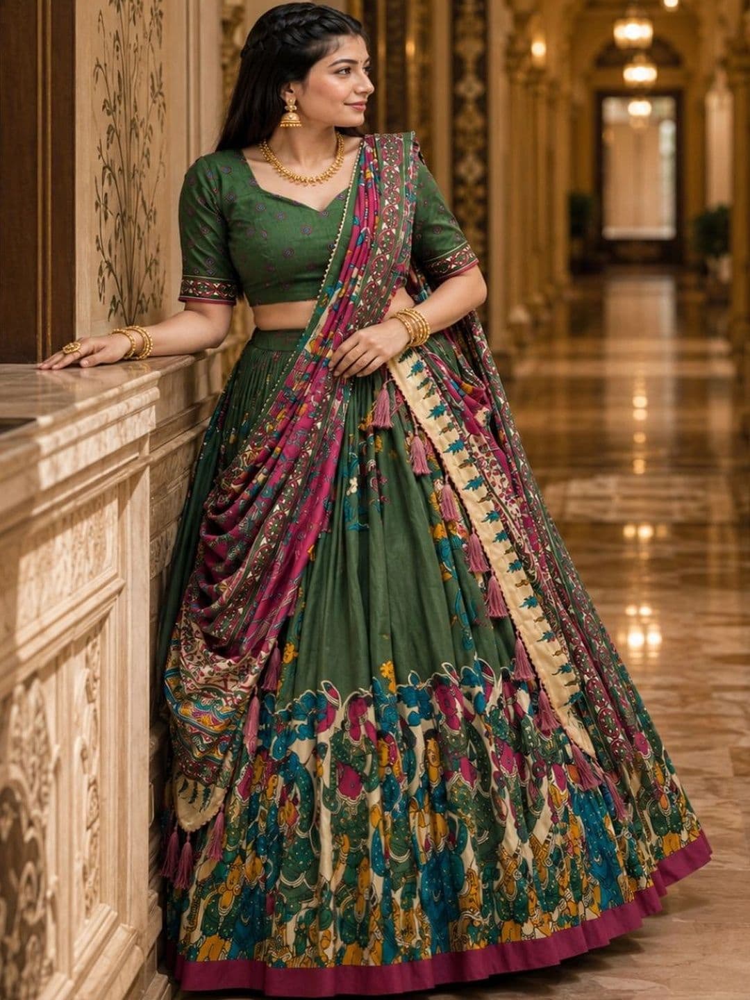 House of Pataudi Printed Kalamkari Semi-Stitched Lehenga & Unstitched Blouse With Dupatta - view 1