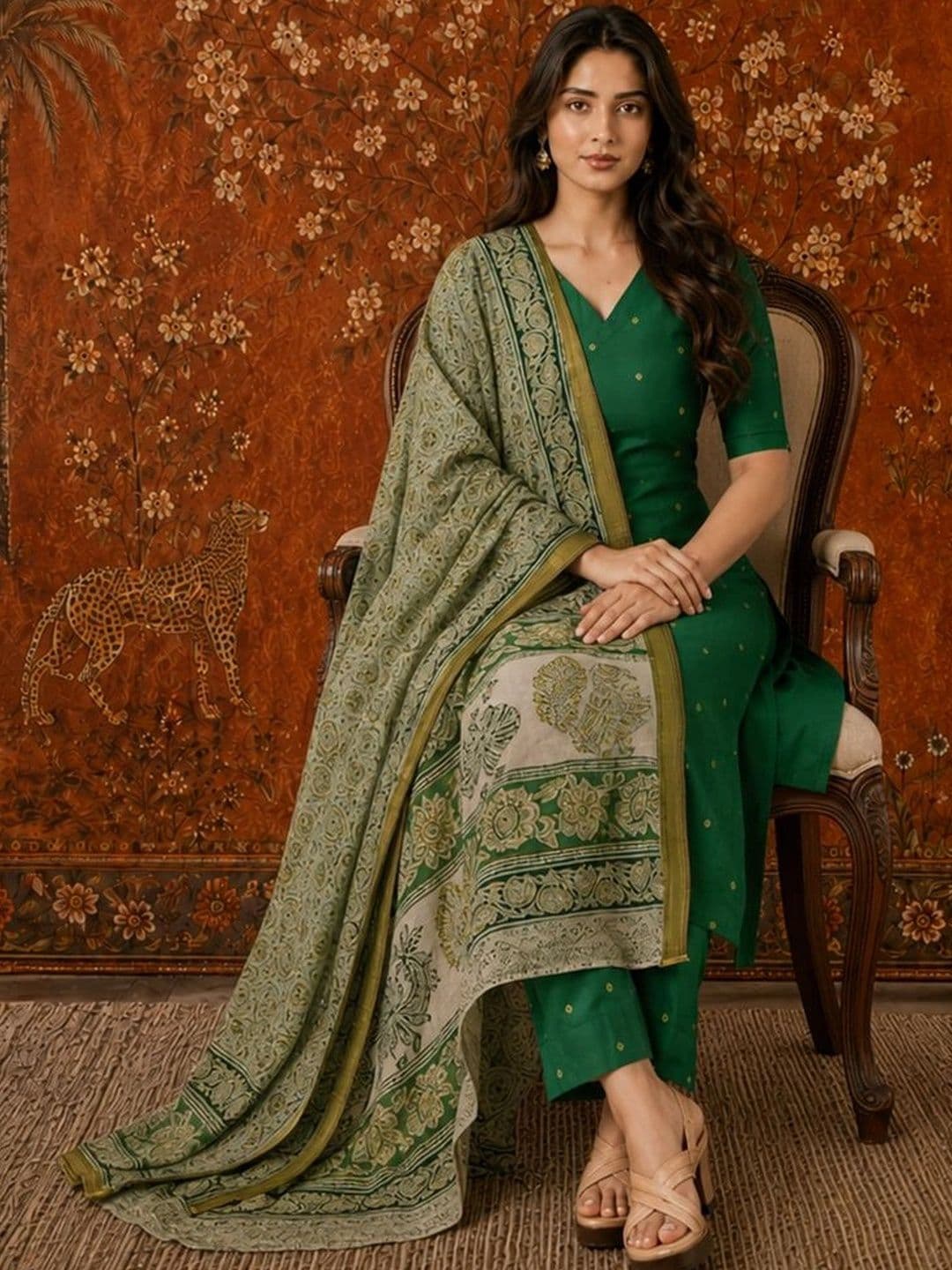 Sangria Women Ethnic Motifs Printed Regular Kurta with Trousers & With Dupatta thumbnail 4