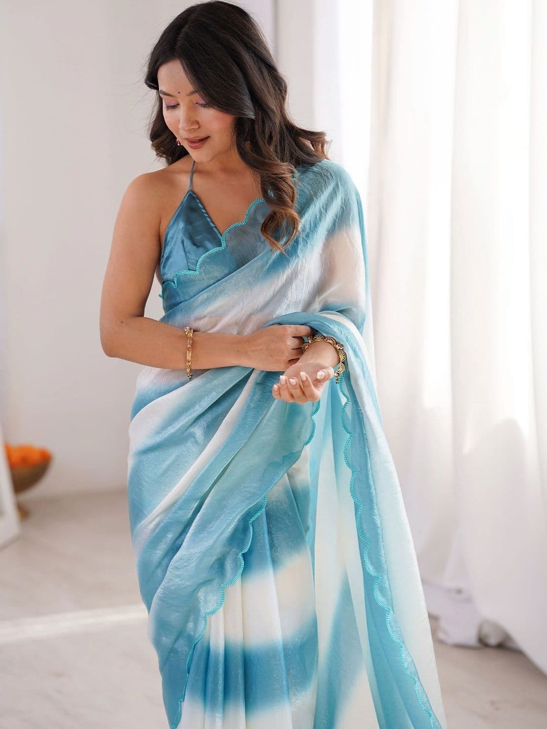 Nayanthara Trends Striped Satin Designer Saree thumbnail 4