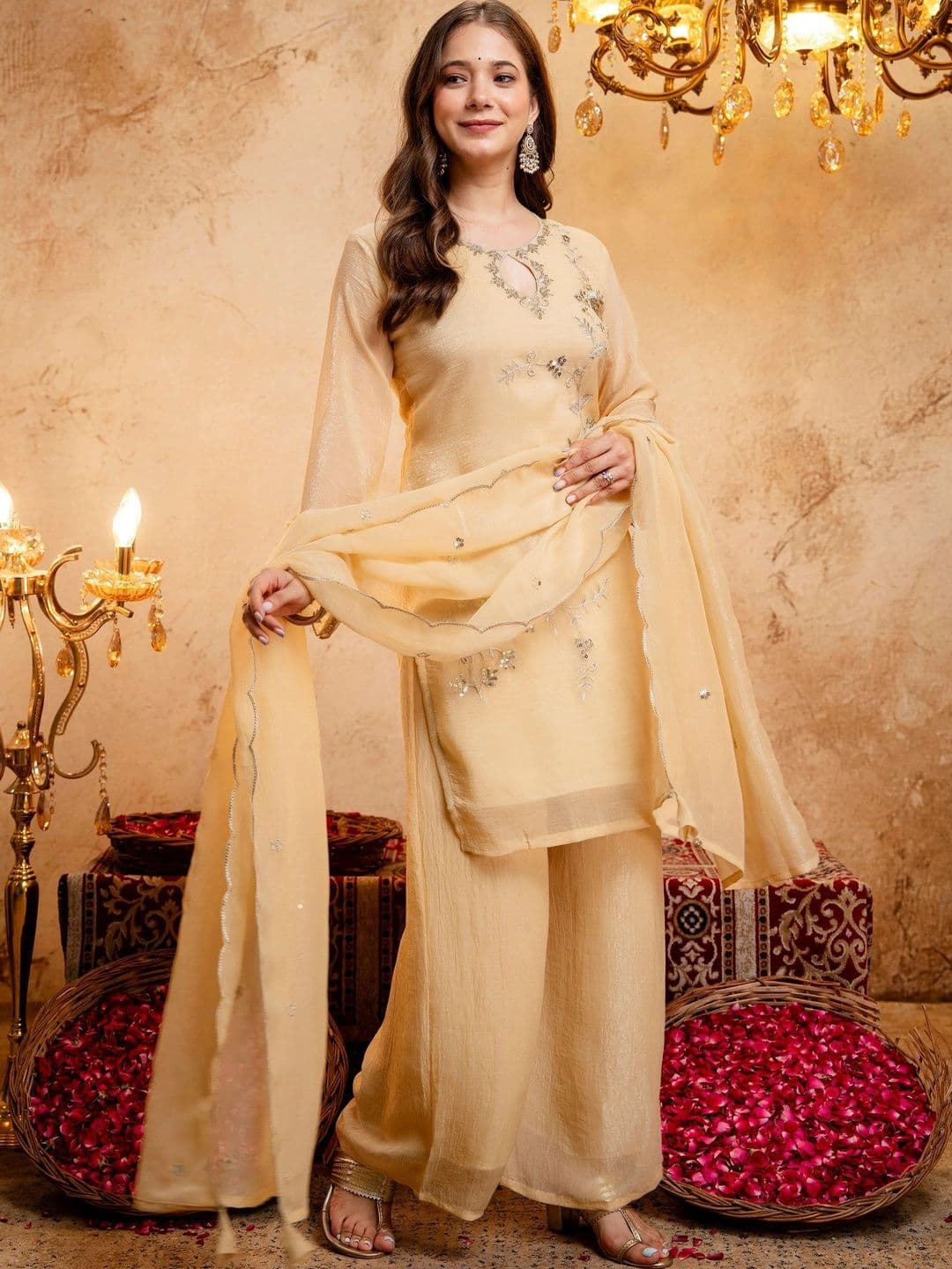 HERE&NOW Women Ethnic Motifs Embroidered Sequinned Kurta with Palazzos & With Dupatta thumbnail 5