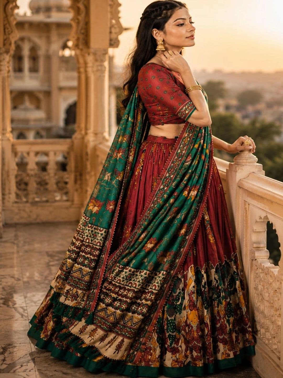 House of Pataudi Printed Kalamkari Semi-Stitched Lehenga & Unstitched Blouse With Dupatta thumbnail 5