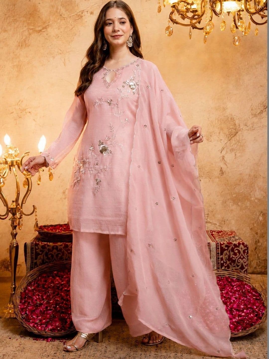 HERE&NOW Women Ethnic Motifs Embroidered Regular Kurta with Palazzos & With Dupatta thumbnail 7