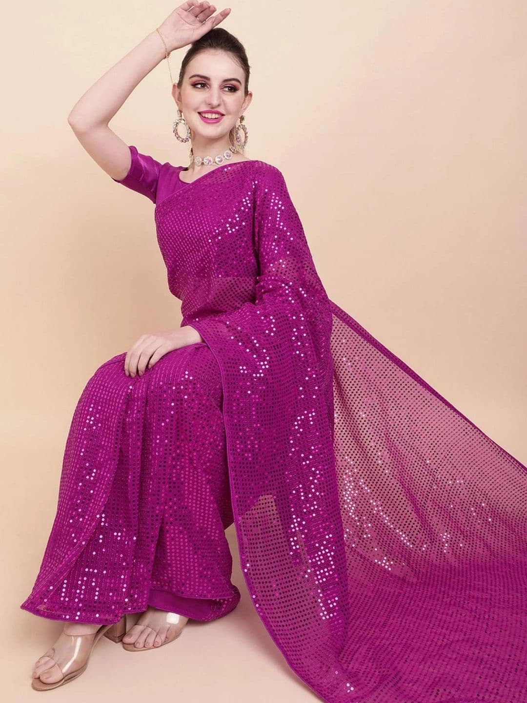 SZN Embellished Sequinned Pure Georgette Designer Saree thumbnail 2