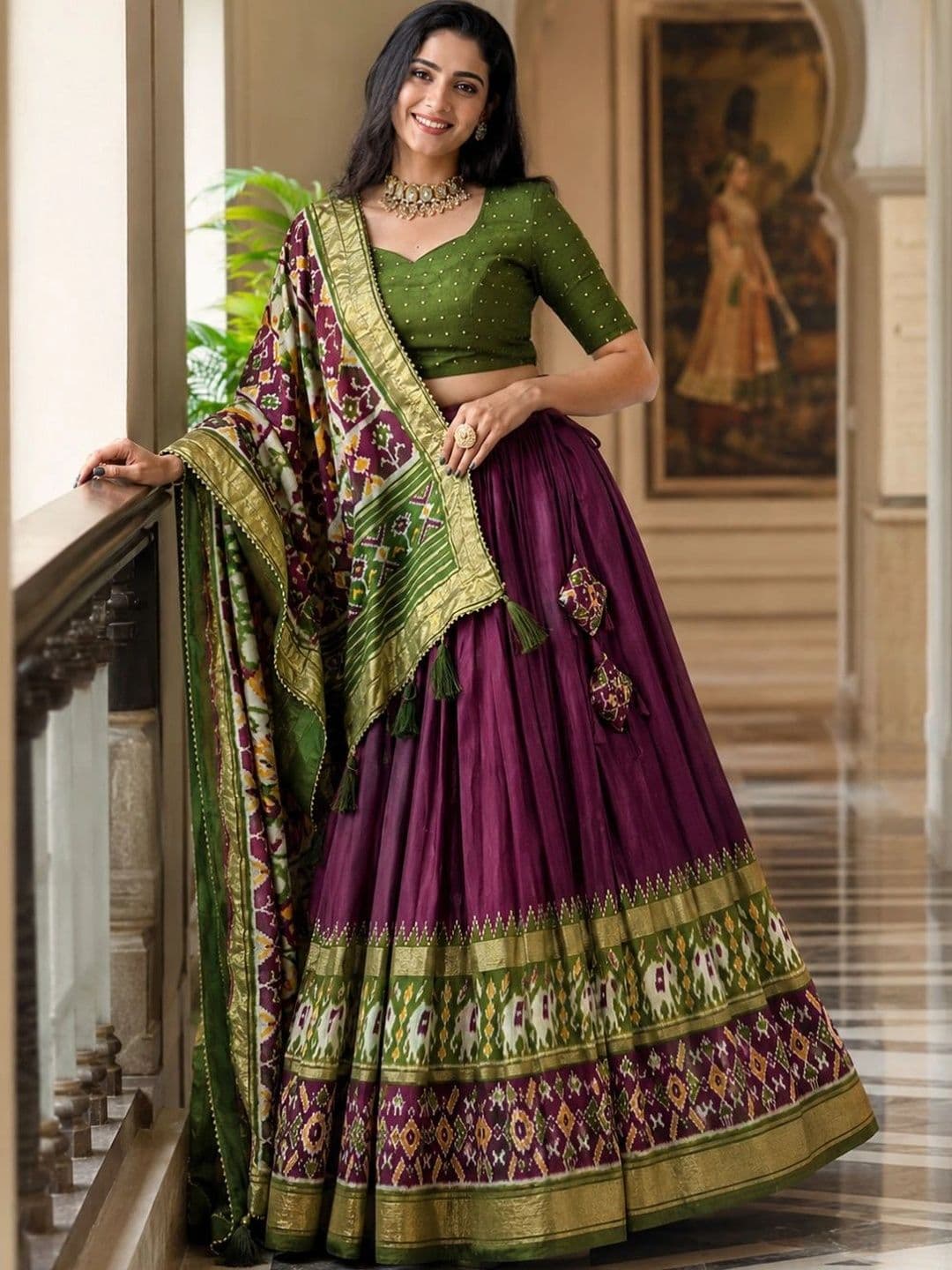 House of Pataudi Thread Work Ikat Semi-Lehenga & Unstitched Blouse With Dupatta - view 1