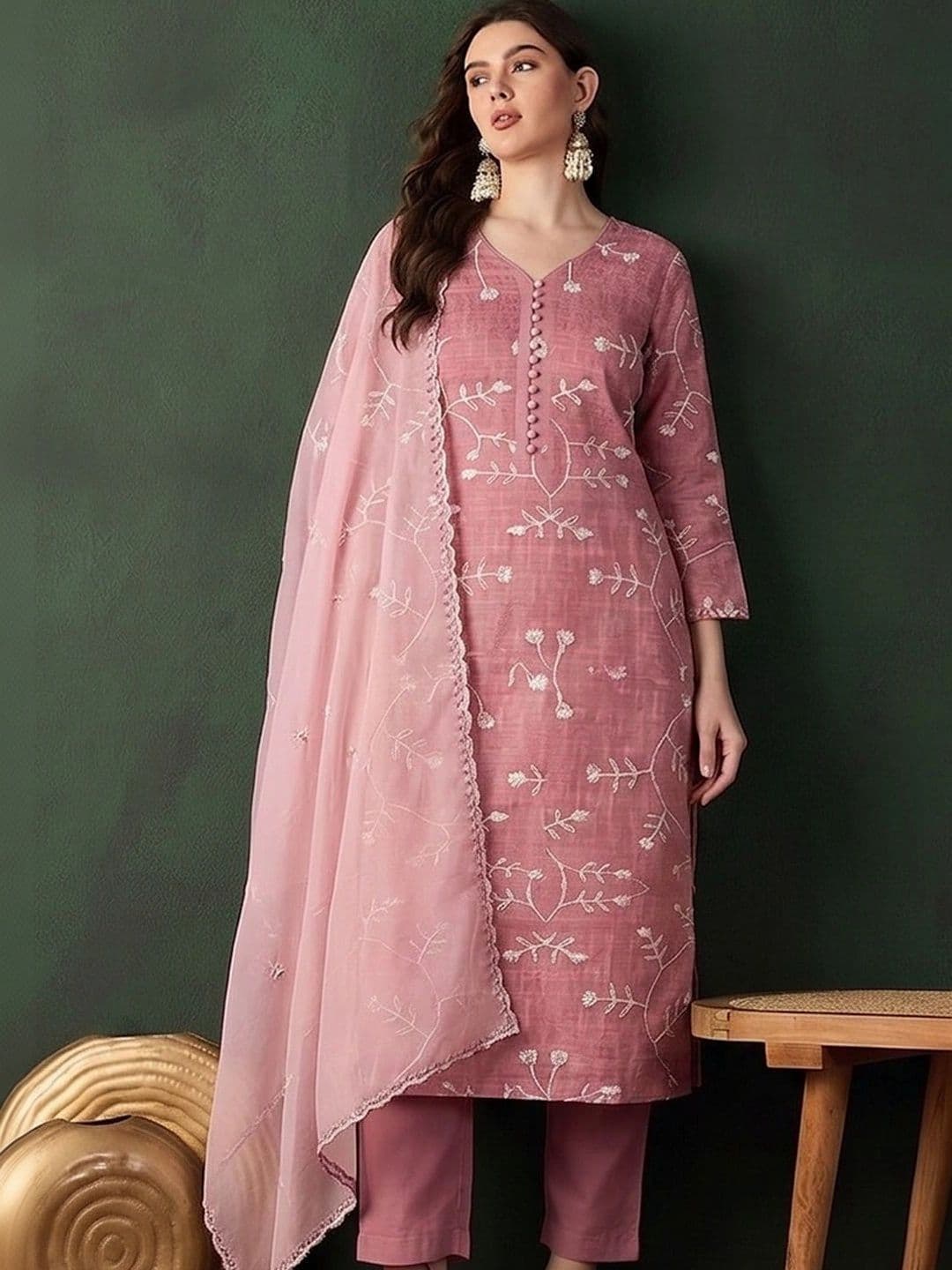Sangria Women Floral Embroidered Regular Thread Work Kurta with Trousers & With Dupatta - view 1