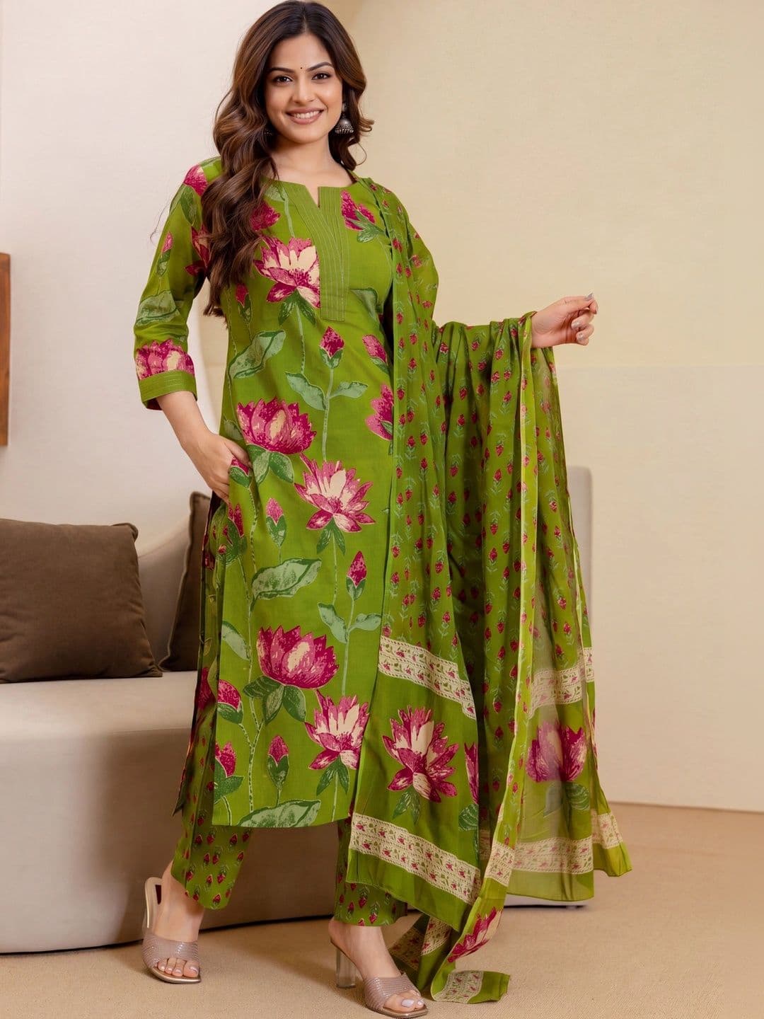 Shree Ramkrishna Fab Women Floral Printed Regular Pure Cotton Kurta with Trousers & With Dupatta - view 1
