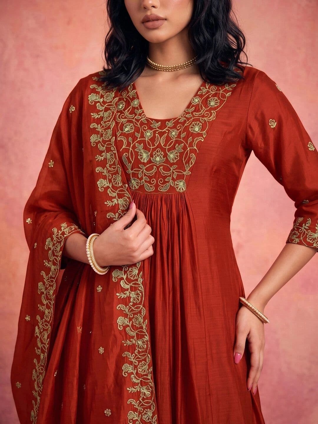 DRIP CHOWK Women Floral Embroidered Empire Thread Work Kurta with Trousers & With Dupatta thumbnail 2