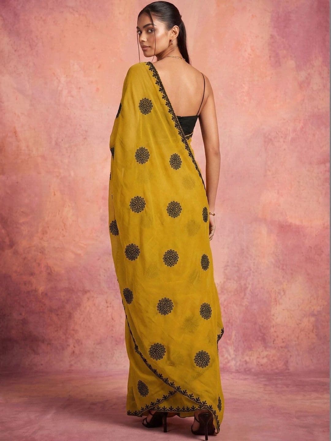 KINDA DESI Ethnic Motifs Embroidered Poly Georgette Fusion Saree thumbnail 2