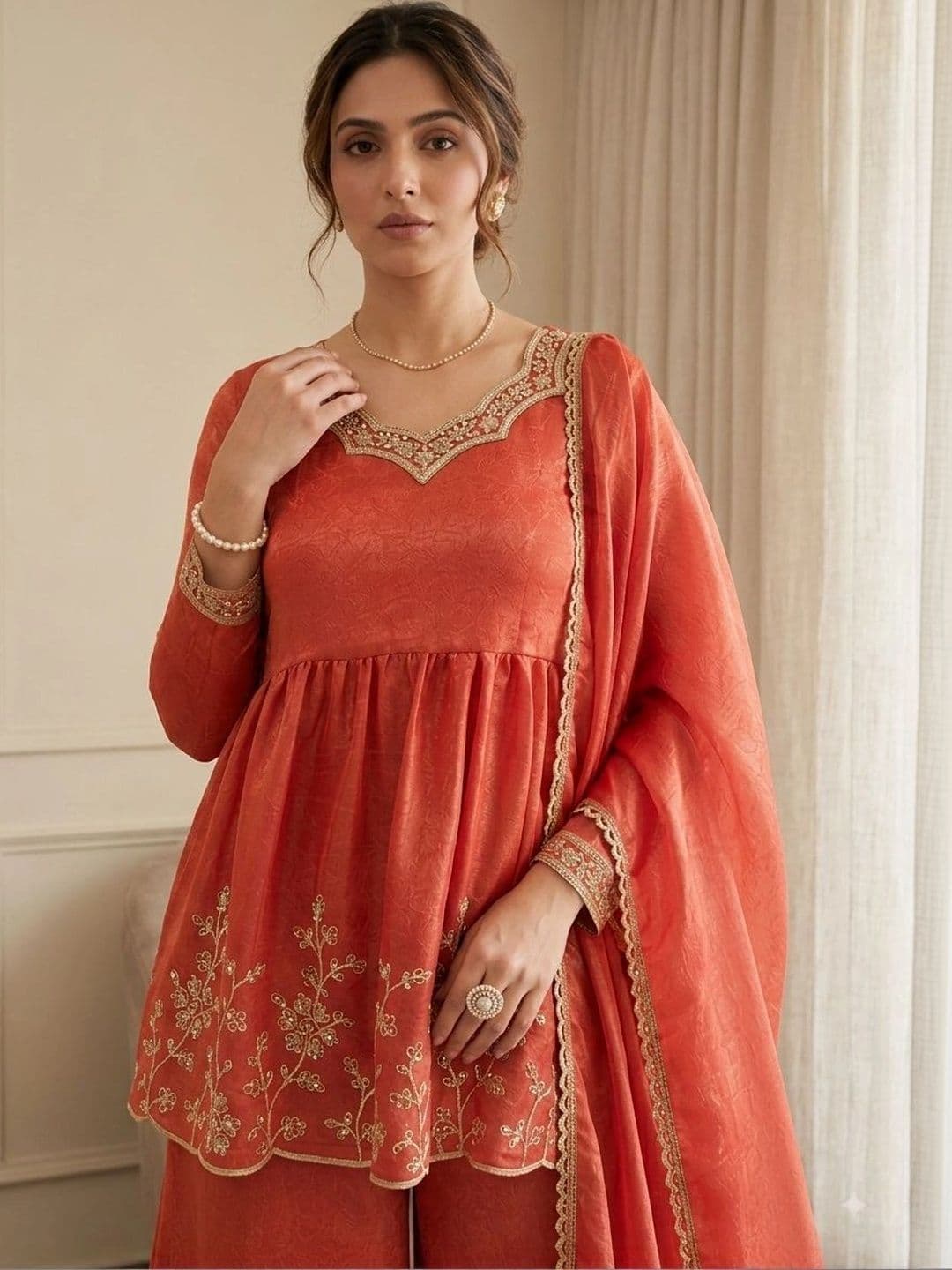 MOKOSH Women Ethnic Motifs Embroidered Empire Pure Silk Kurta with Palazzos & With Dupatta thumbnail 3