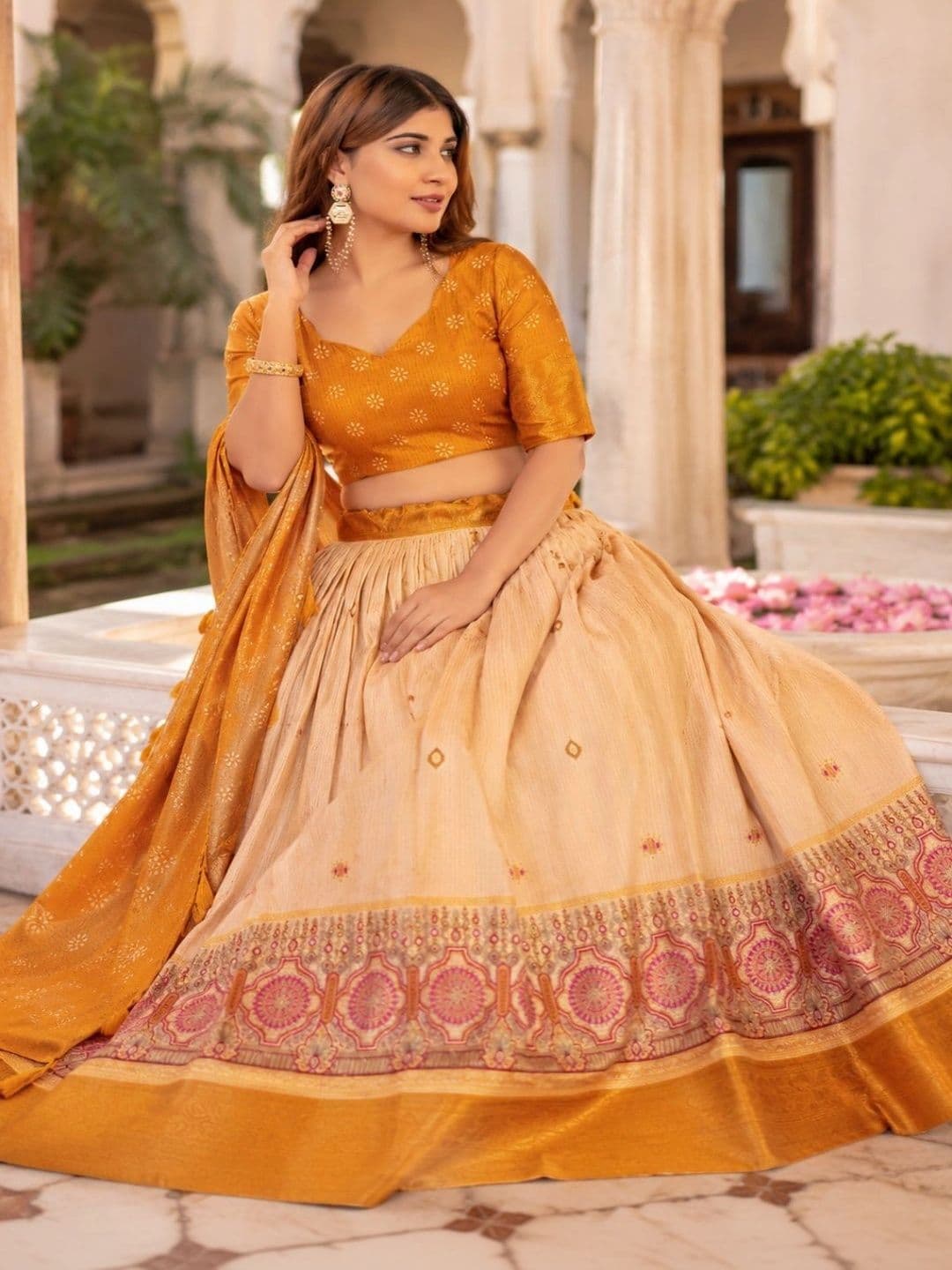 House of Pataudi Printed Foil Print Semi-Stitched Lehenga & Unstitched Blouse With Dupatta thumbnail 3