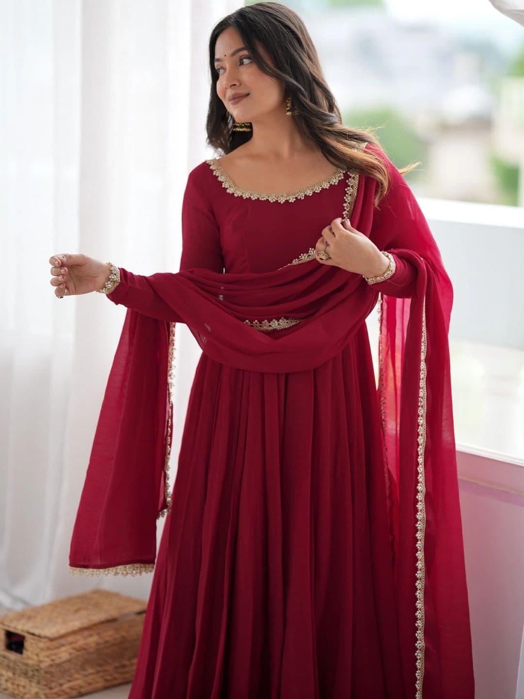 Sangria Women Empire Gotta Patti Chanderi Cotton Kurta with Trousers & With Dupatta thumbnail 6