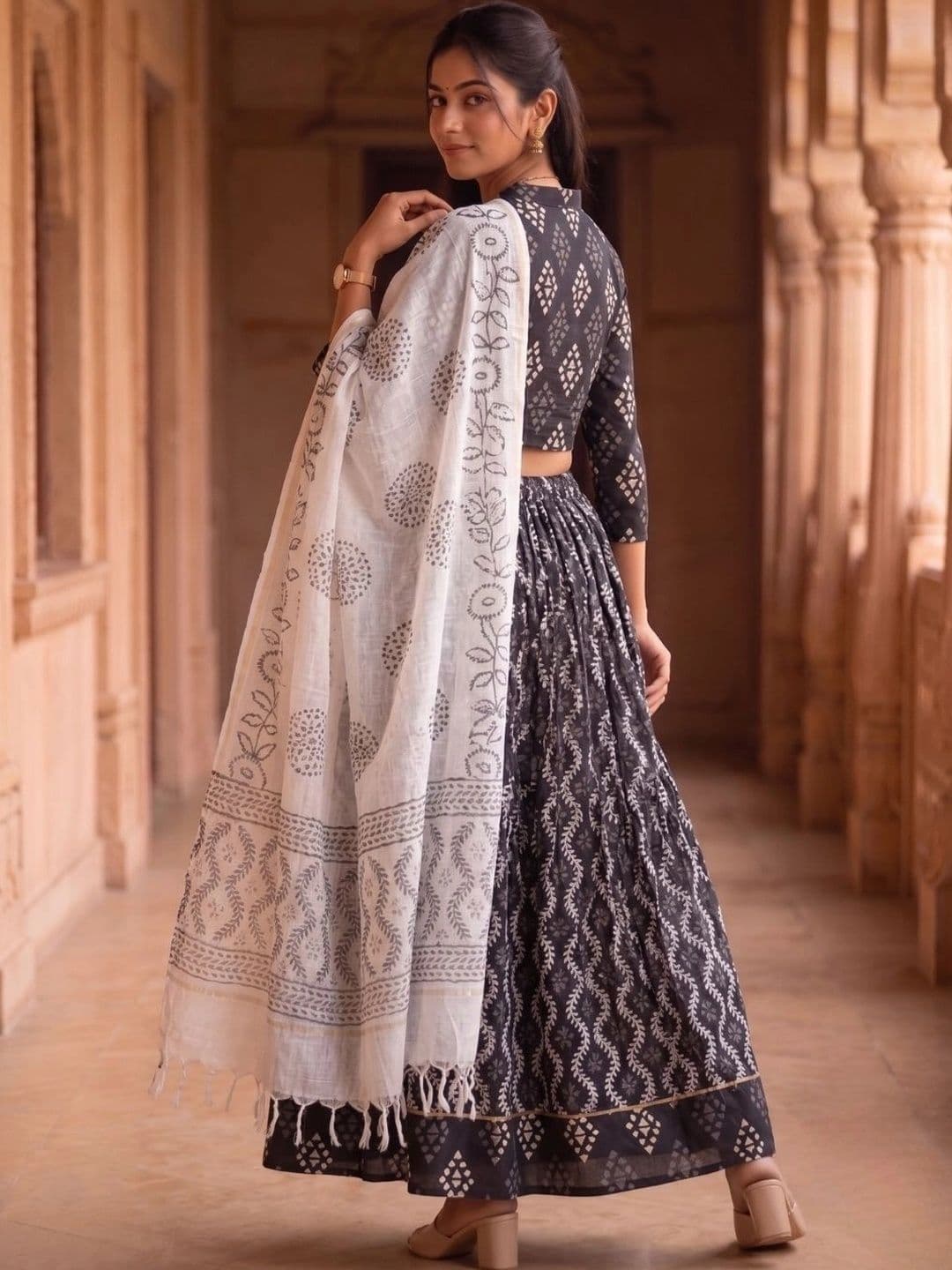 Avishya Printed Block Print Ready to Wear Lehenga & Blouse With Dupatta thumbnail 3