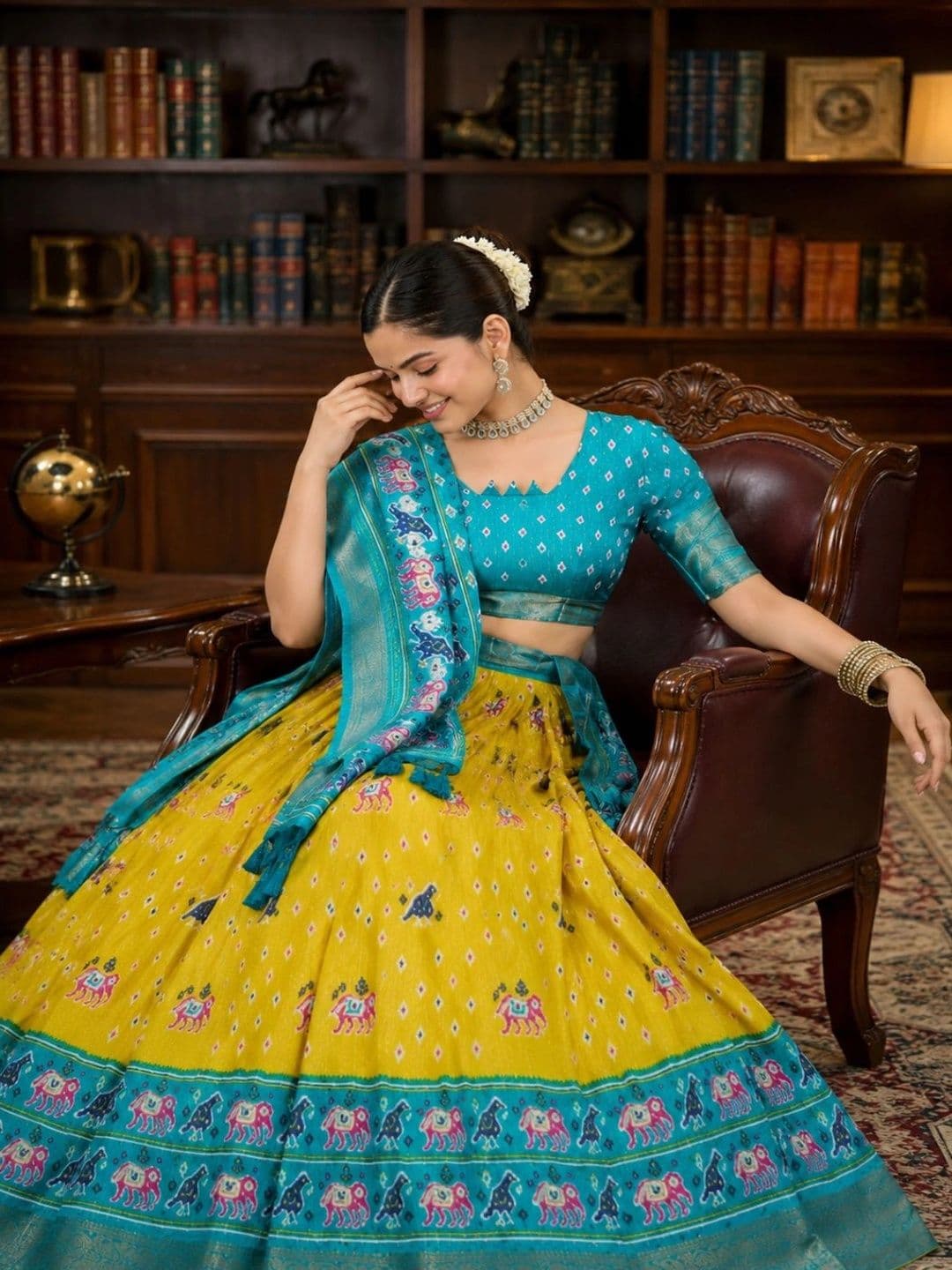 House of Pataudi Ikat Semi-Stitched Lehenga & Unstitched Blouse With Dupatta thumbnail 4