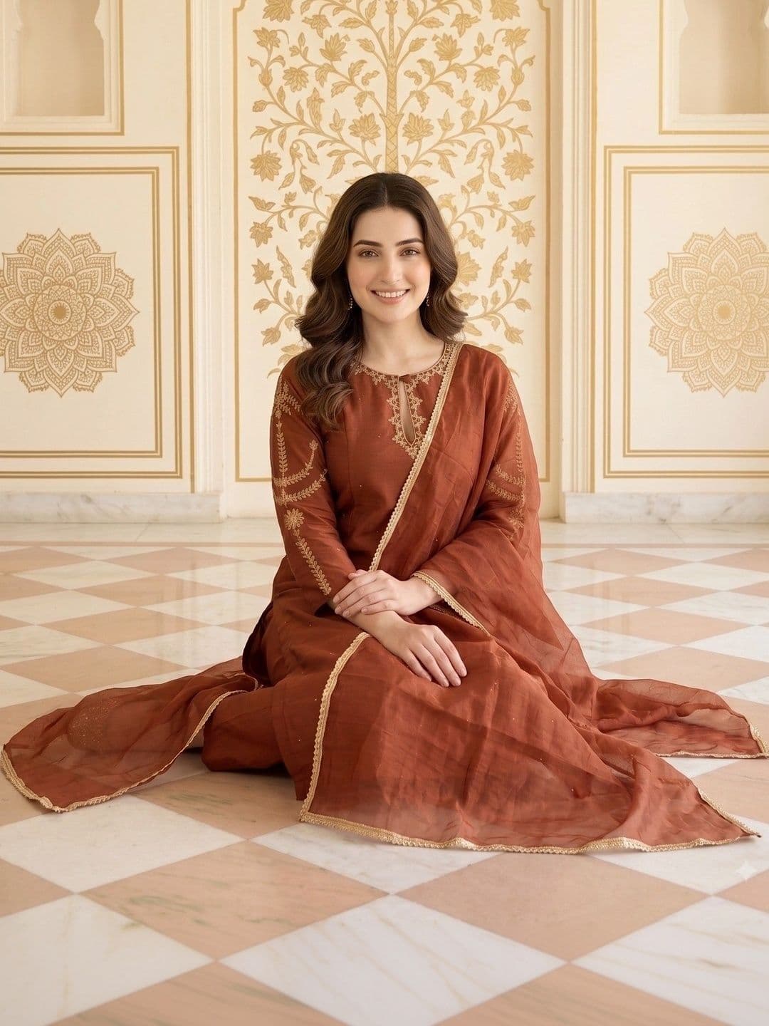 House of Pataudi Women Ethnic Motifs Embroidered Regular Thread Work Kurta with Trousers & With Dupatta thumbnail 4