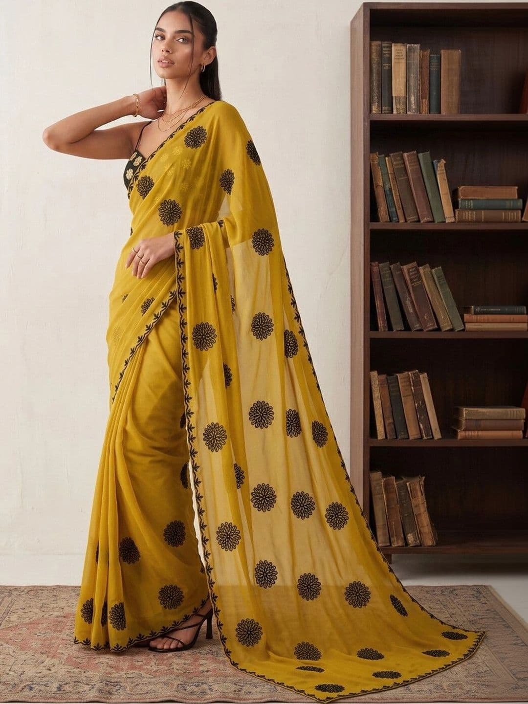 KINDA DESI Ethnic Motifs Embroidered Poly Georgette Fusion Saree thumbnail 5
