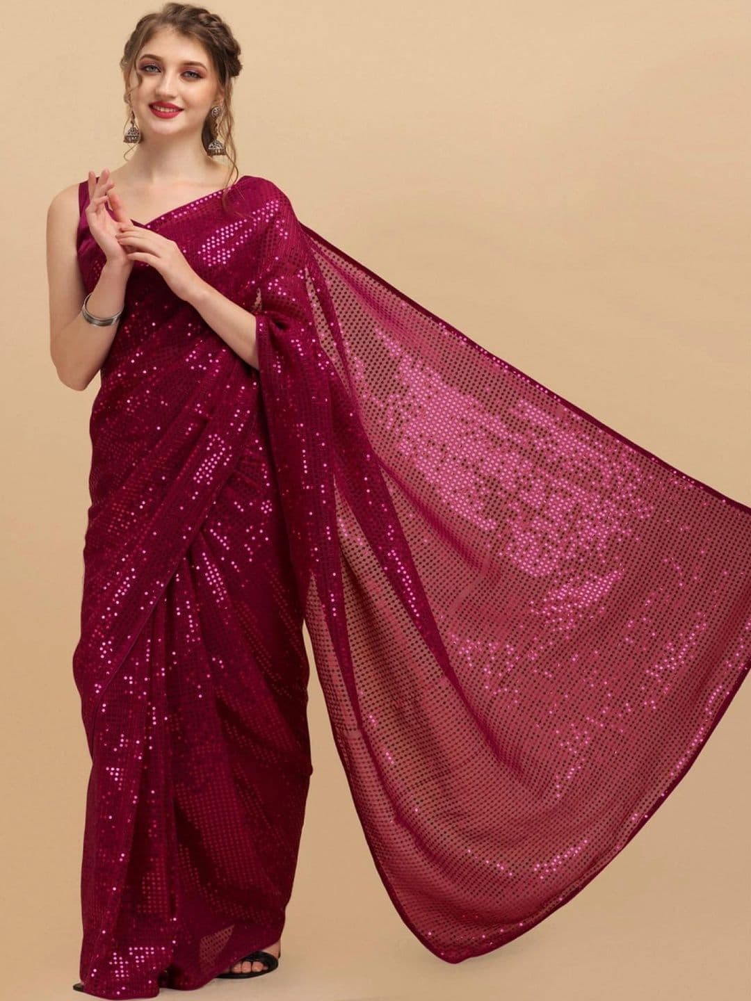 SZN Embellished Sequinned Pure Georgette Designer Saree thumbnail 5