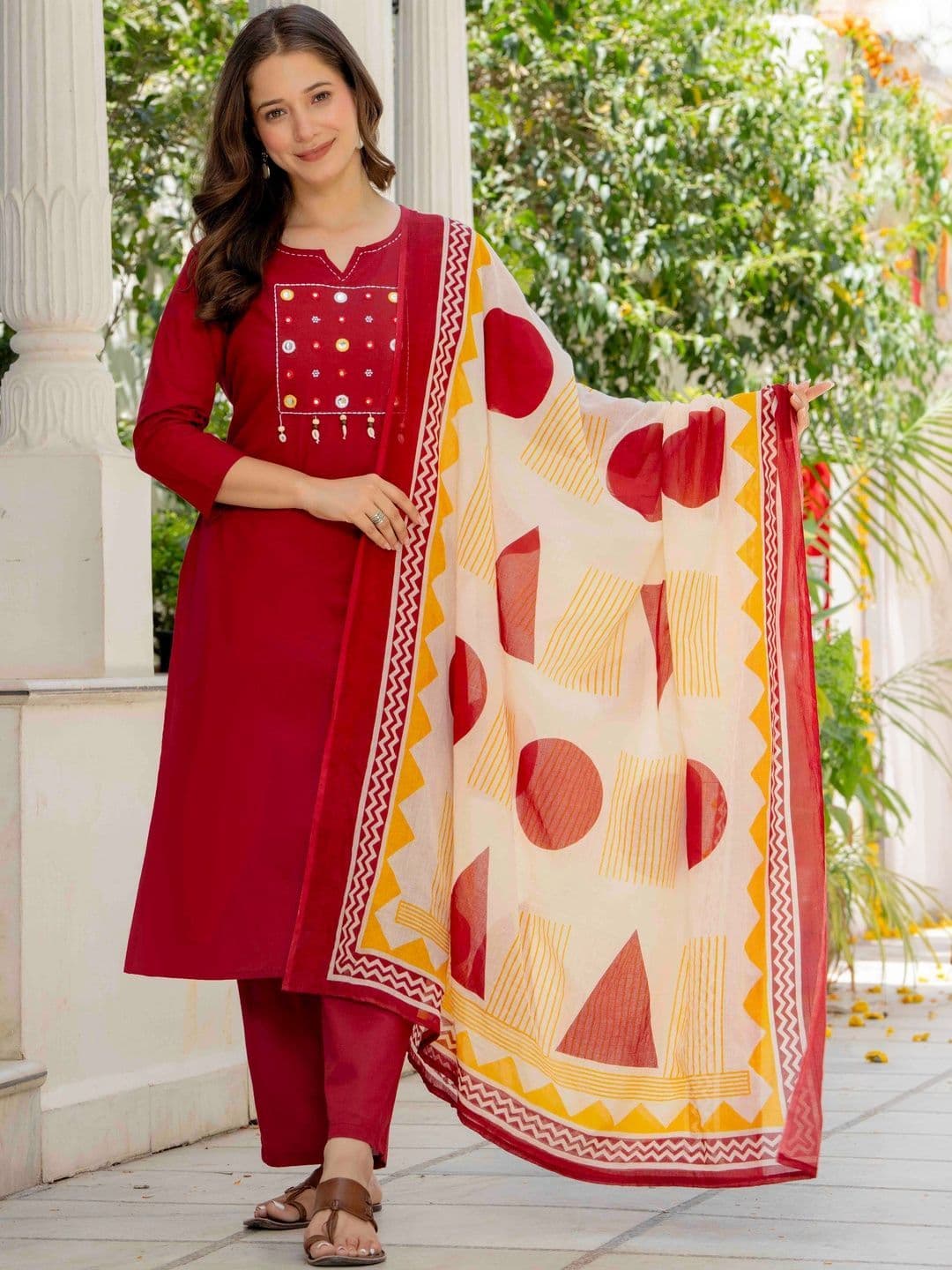 JAIPUR SARAI Yoke Design Mirror Work Pure Cotton Kurta with Trousers & Dupatta thumbnail 6