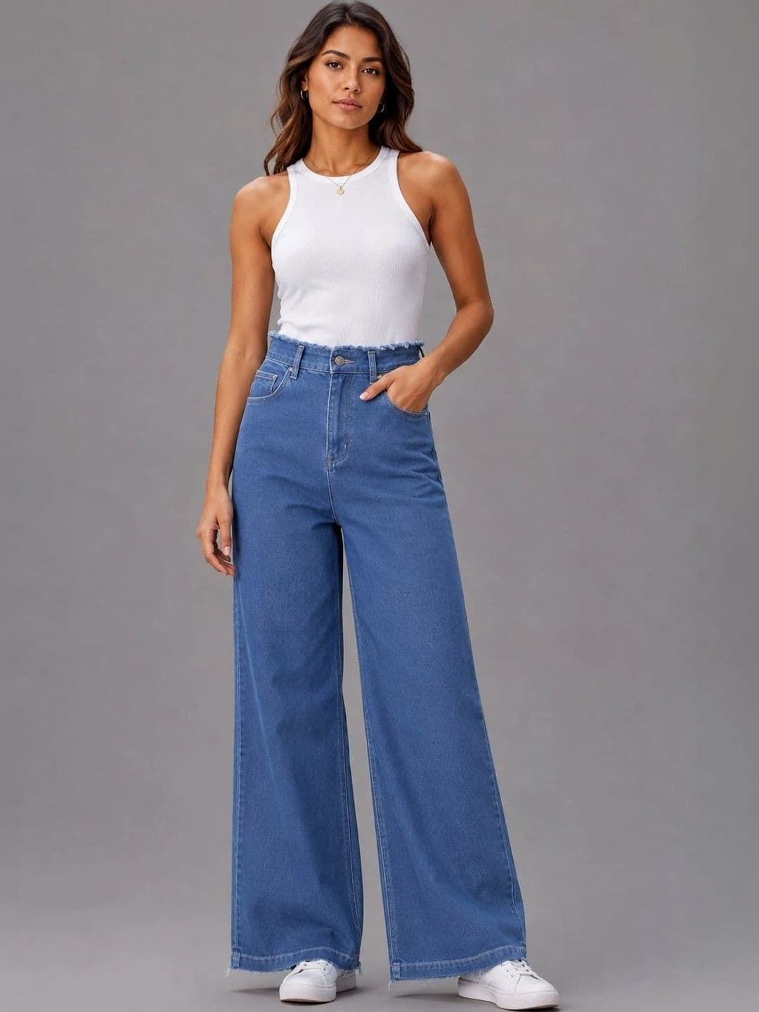 Mast & Harbour Women Comfort Wide Leg High-Rise Low Distress Cuffed Hem Jeans thumbnail 4