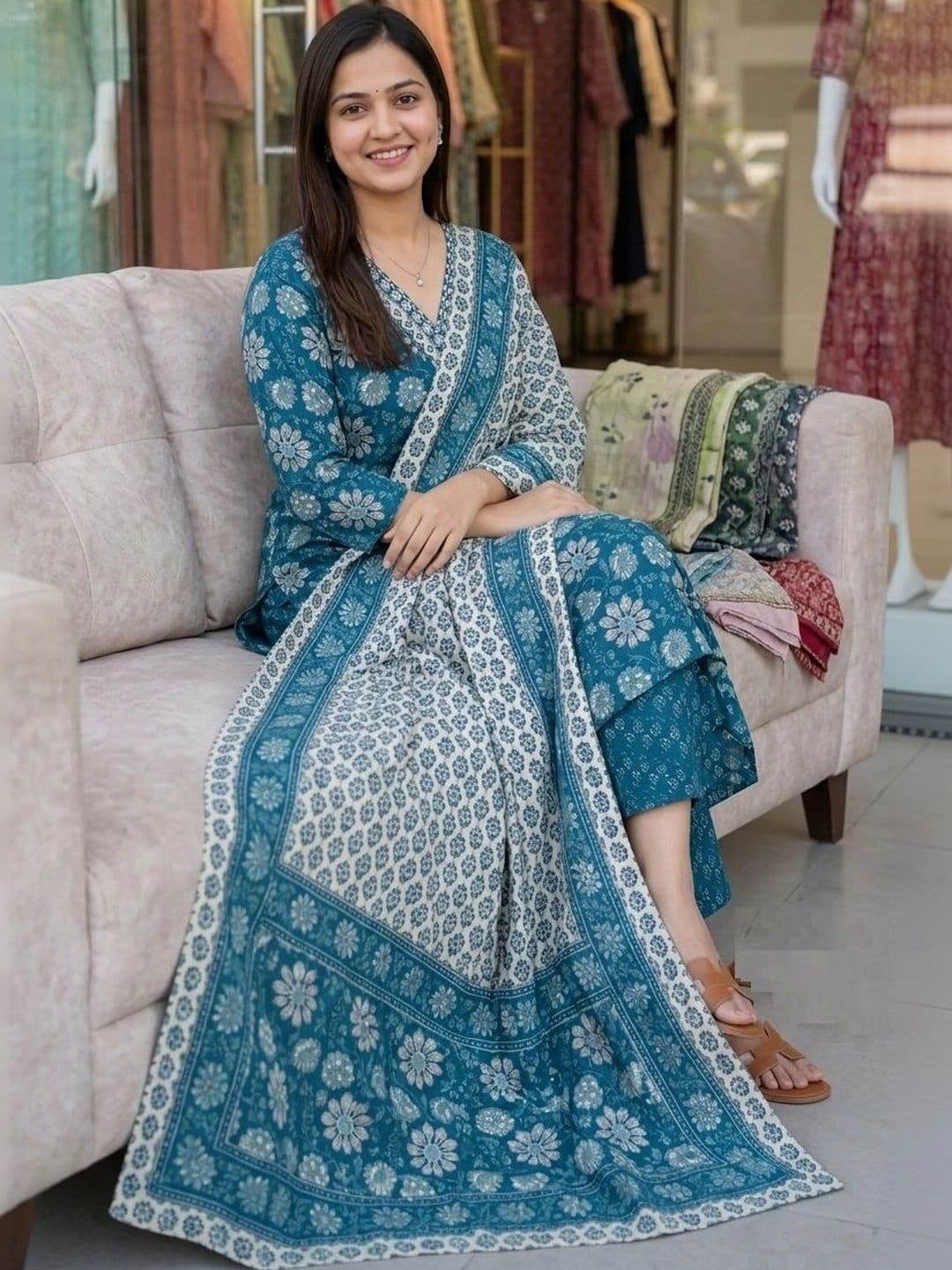 KALINI Women Floral Printed Regular Kurta with Trousers & With Dupatta thumbnail 4