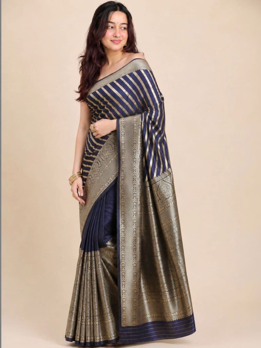 all about you Striped Zari Satin Banarasi Saree - view 1