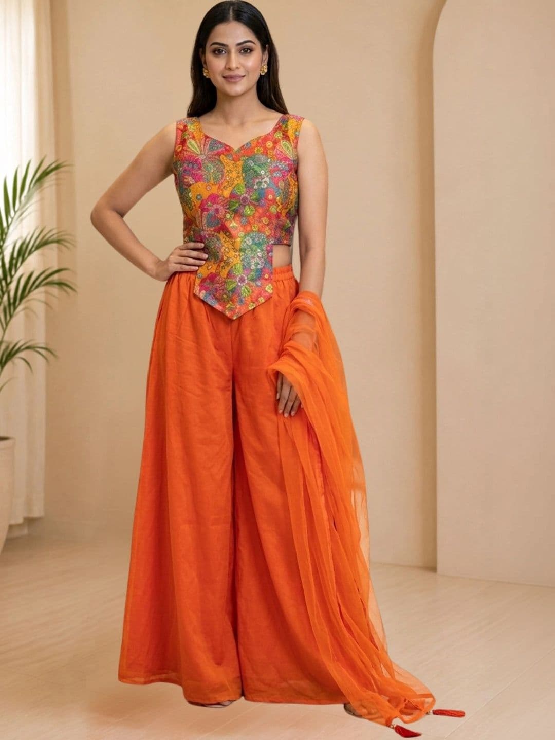 Sashay Boutique Womens Art Silk Floral Printed Kurta with Sharara & Dupatta Set - view 1