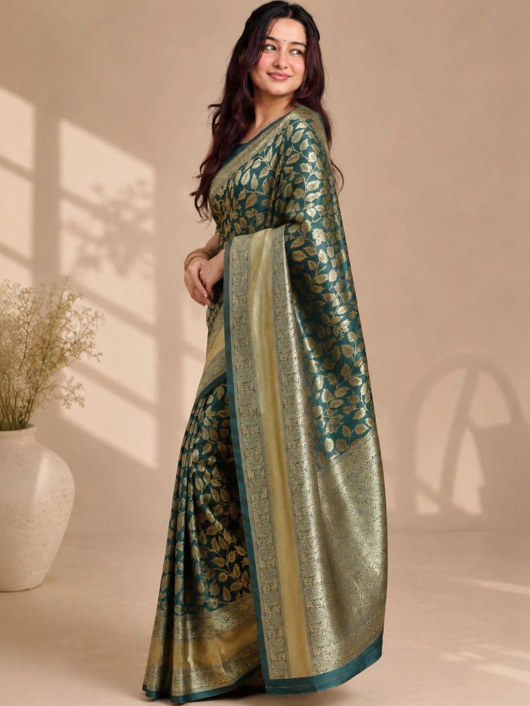 all about you Floral Zari Satin Banarasi Saree thumbnail 6