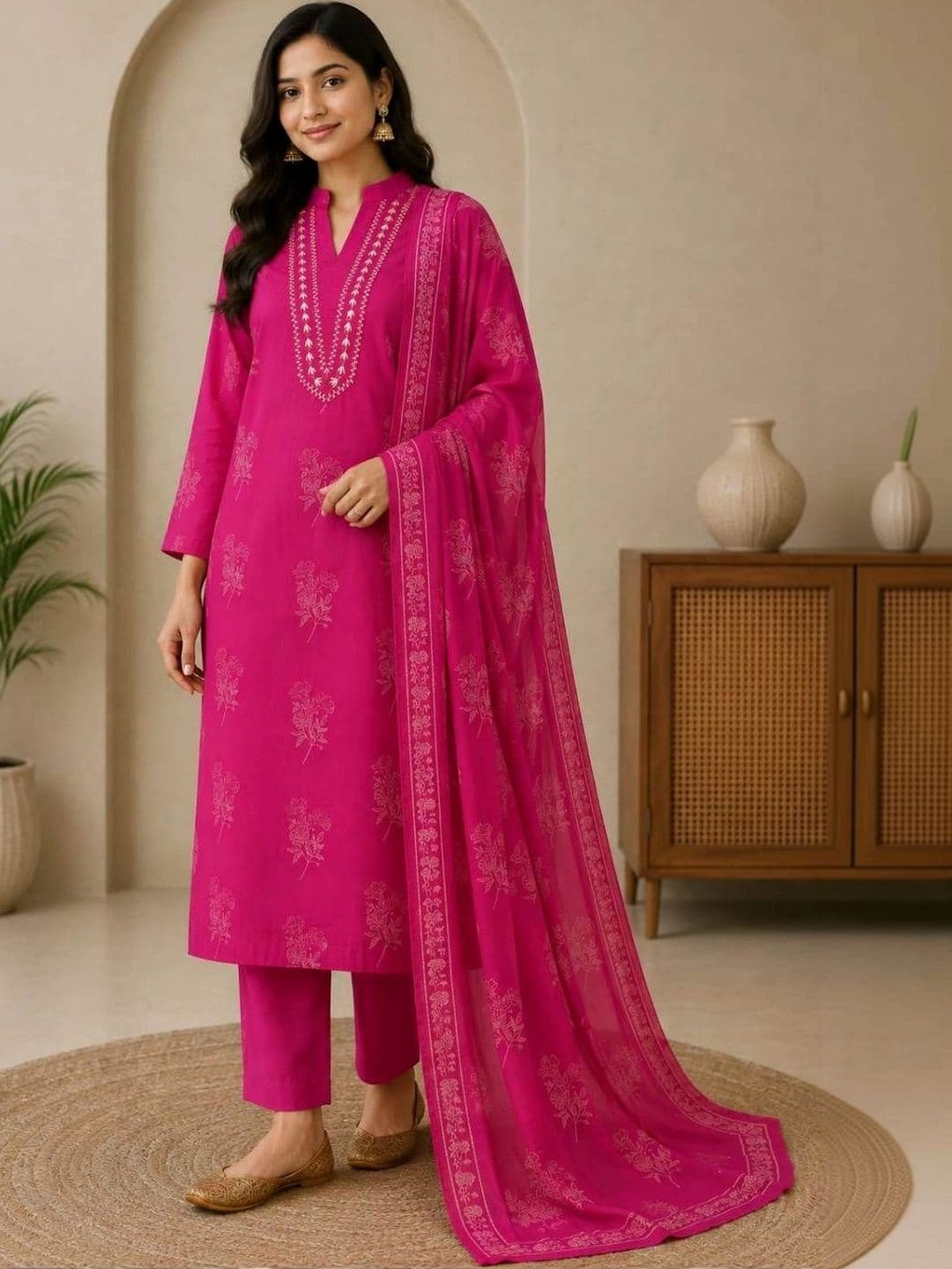 UNISETS Women Floral Printed Regular Thread Work Pure Cotton Kurta with Trousers & With Dupatta - view 1