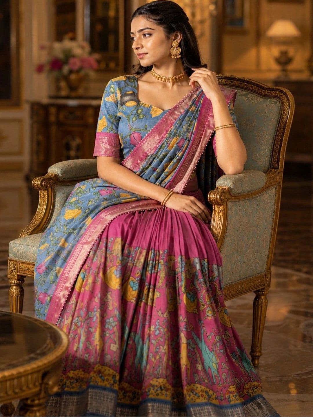 House of Pataudi Printed Kalamkari Semi-Stitched Lehenga & Unstitched Blouse With Dupatta thumbnail 3