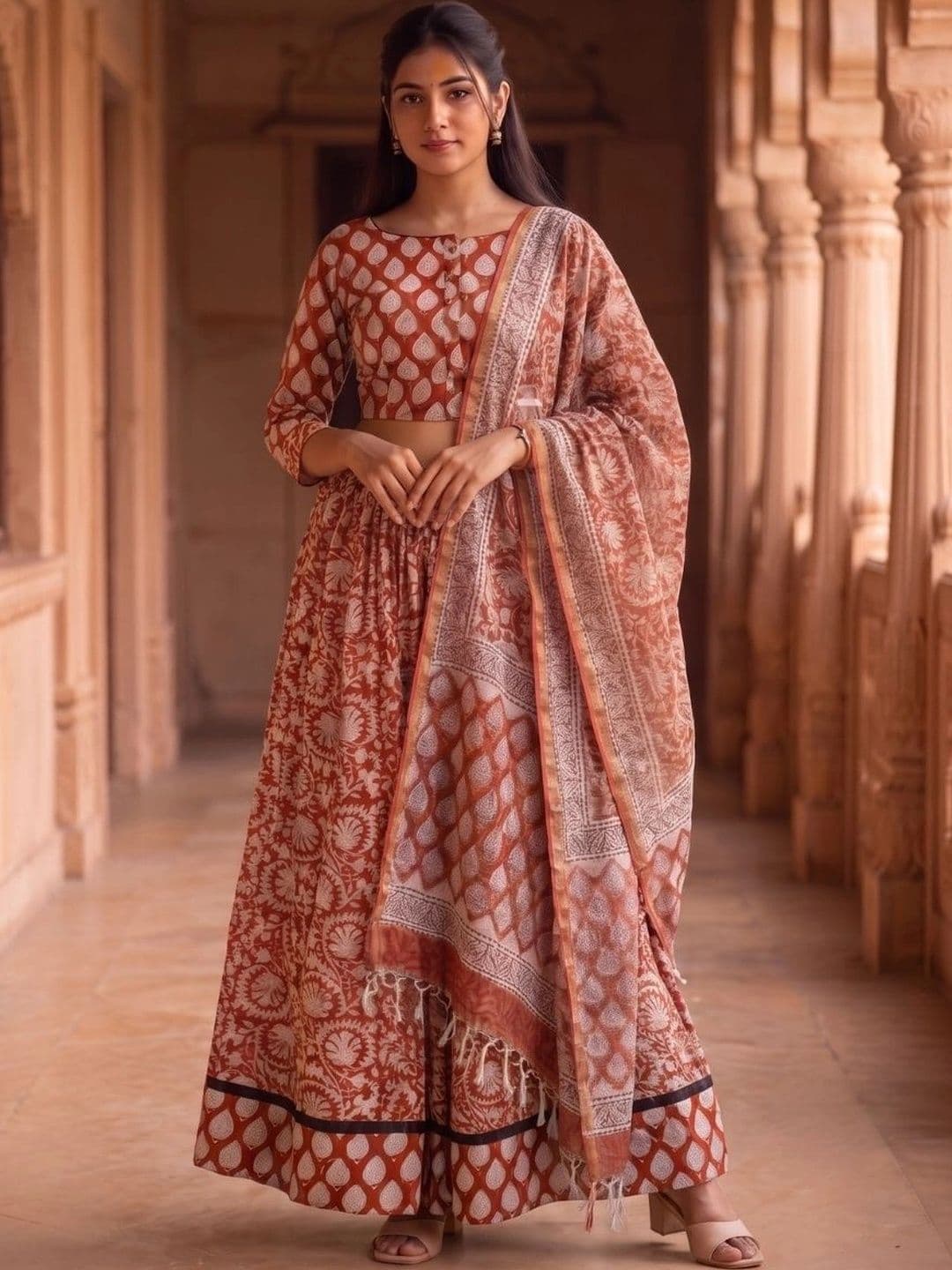 Avishya Printed Block Print Ready to Wear Lehenga & Blouse With Dupatta - view 1