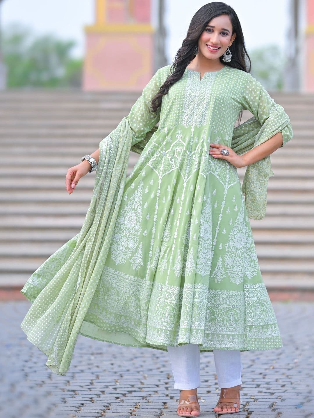 KALINI Women Geometric Printed Georgette Anarkali Kurta With Dupatta - view 1