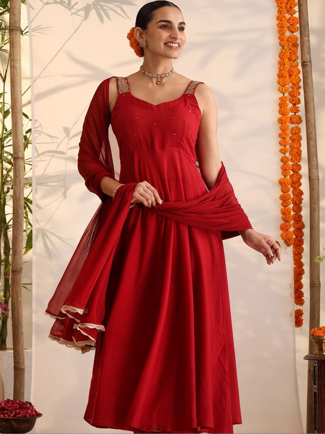 Khushal K Women Ethnic Motifs Embroidered Sequinned Pure Cotton Kurta with Trousers & With Dupatta thumbnail 3