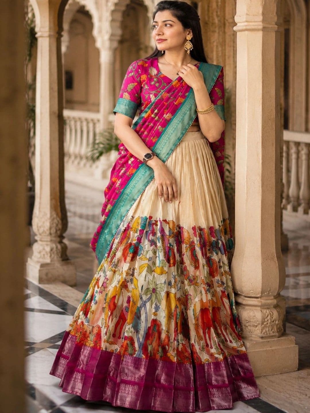 House of Pataudi Printed Semi-Stitched Lehenga & Unstitched Blouse With Dupatta thumbnail 5