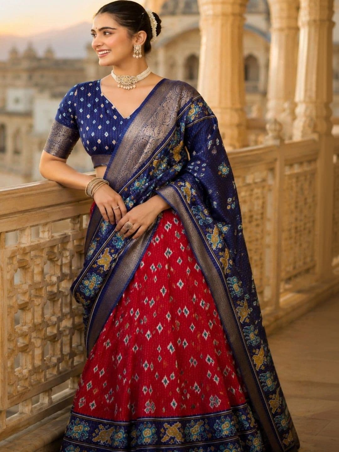 House of Pataudi Ikat Semi-Stitched Lehenga & Unstitched Blouse With Dupatta - view 1