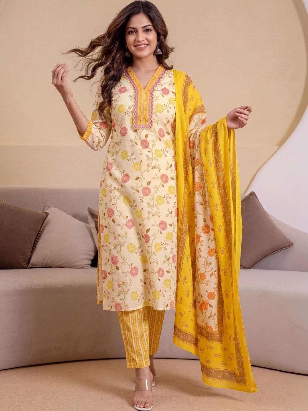 Shree Ramkrishna Fab Women Floral Printed Regular Thread Work Pure Cotton Kurta with Trousers & With Dupatta thumbnail 2