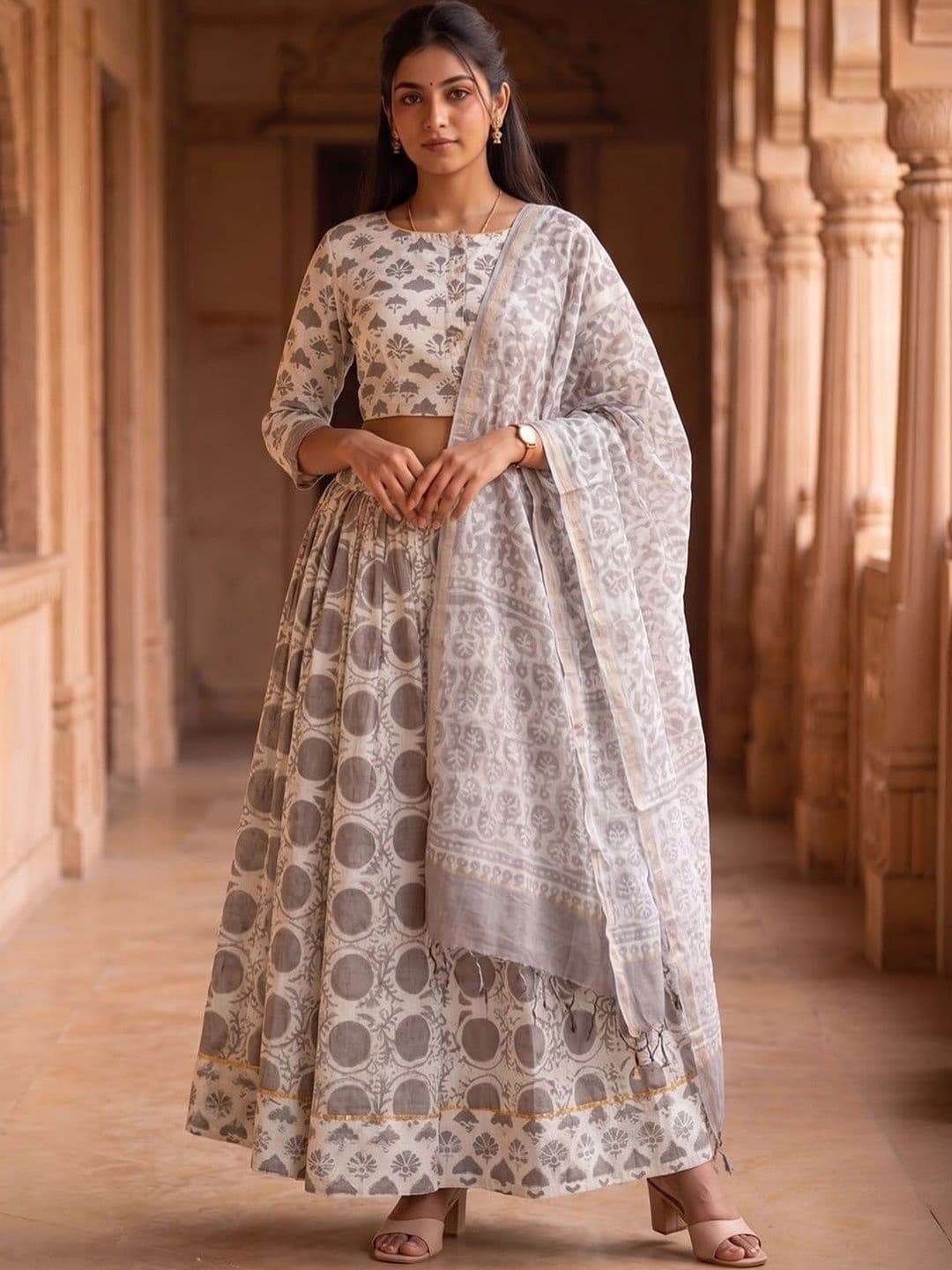 Avishya Printed Block Print Ready to Wear Lehenga & Blouse With Dupatta - view 1