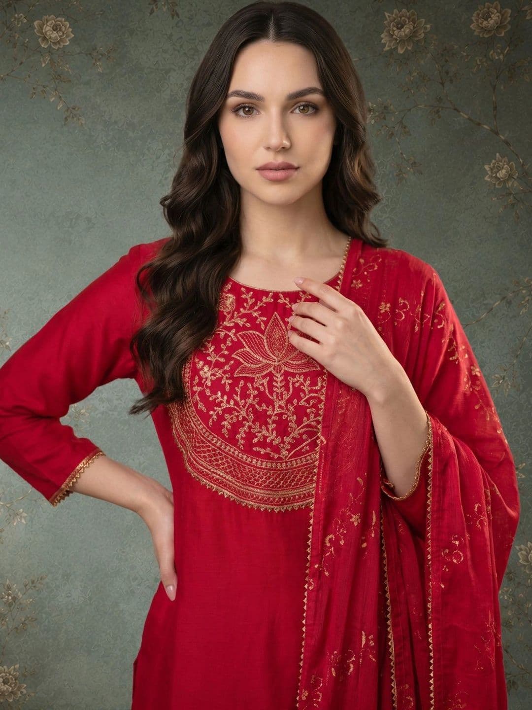 Sangria Women Ethnic Motifs Embroidered Regular Thread Work Kurta with Trousers & With Dupatta thumbnail 4