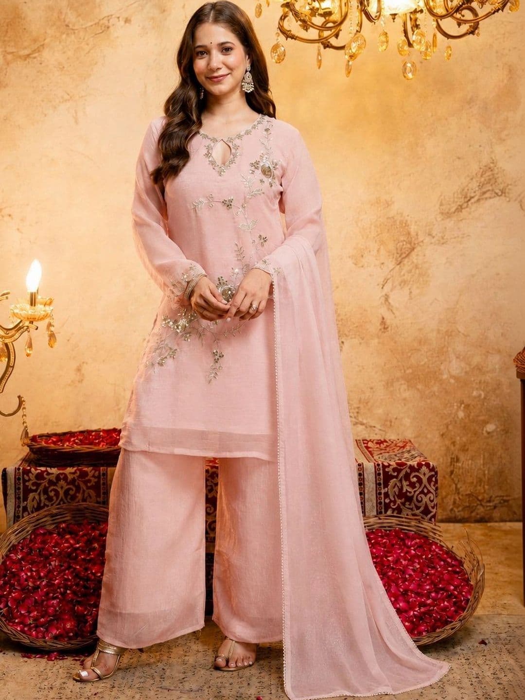 HERE&NOW Women Ethnic Motifs Embroidered Regular Kurta with Palazzos & With Dupatta thumbnail 6